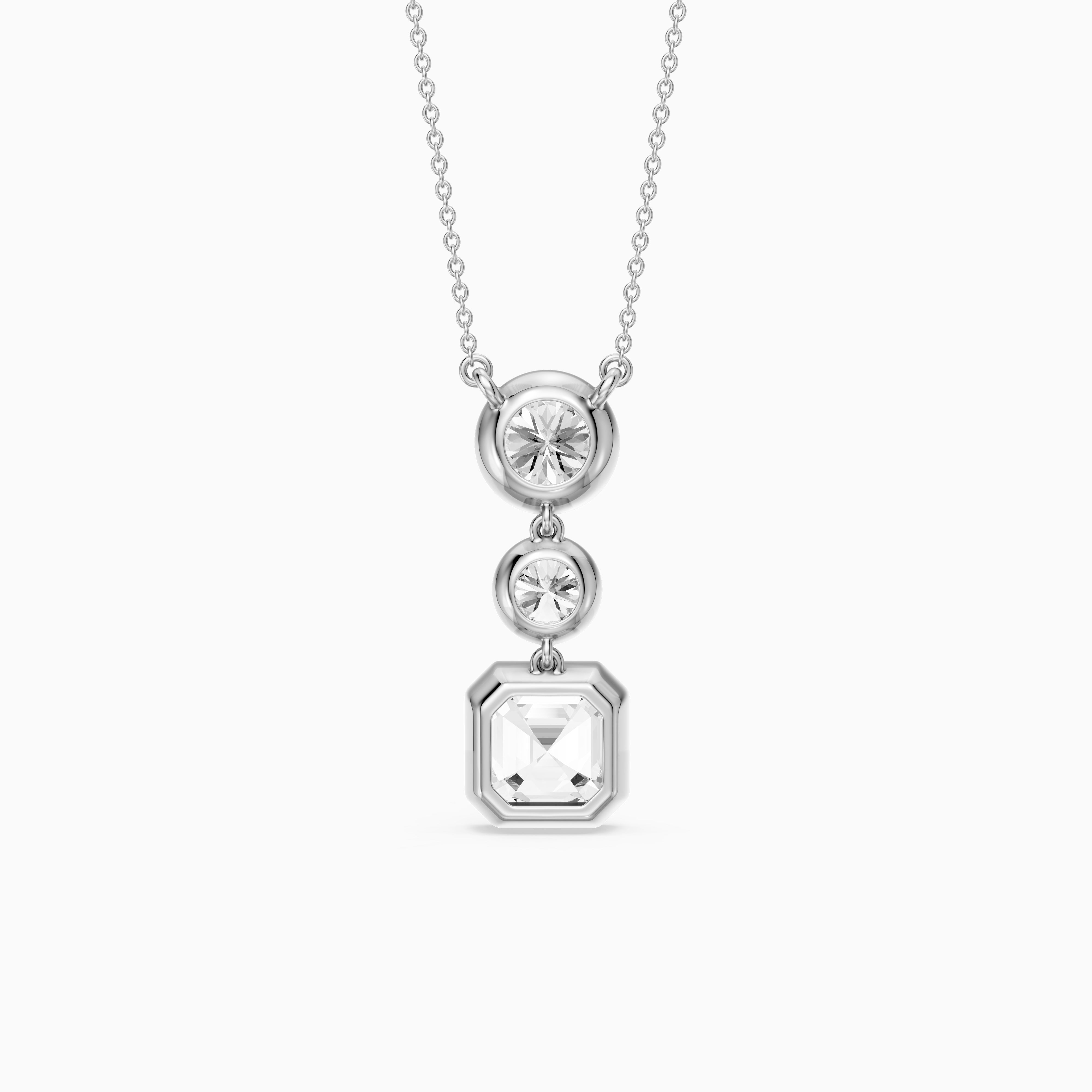 Vanessa Asscher Cut and Round Cut Lab Grown Diamond Bezel Three Stone Pendant
