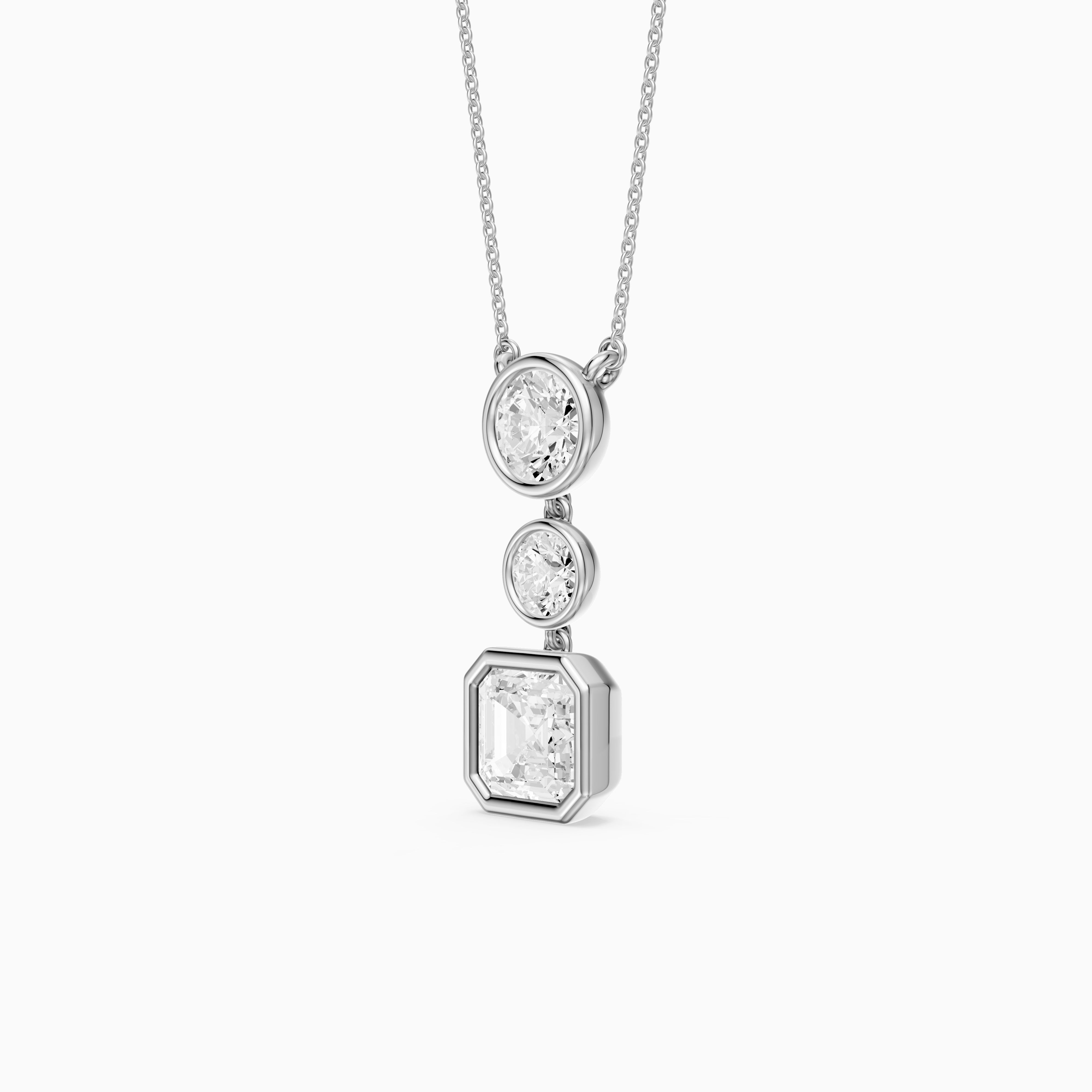 Vanessa Asscher Cut and Round Cut Lab Grown Diamond Bezel Three Stone Pendant