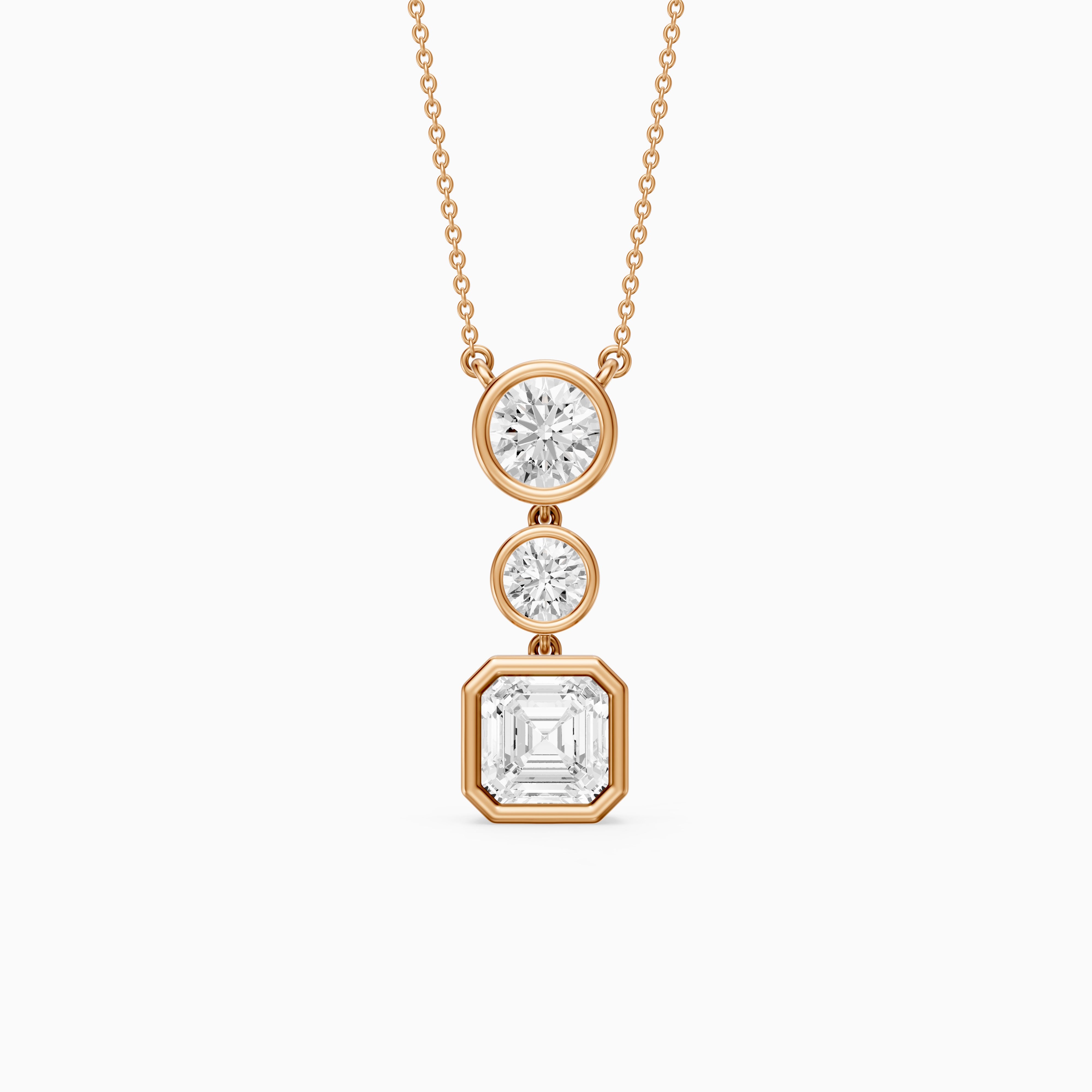 Vanessa Asscher Cut and Round Cut Lab Grown Diamond Bezel Three Stone Pendant