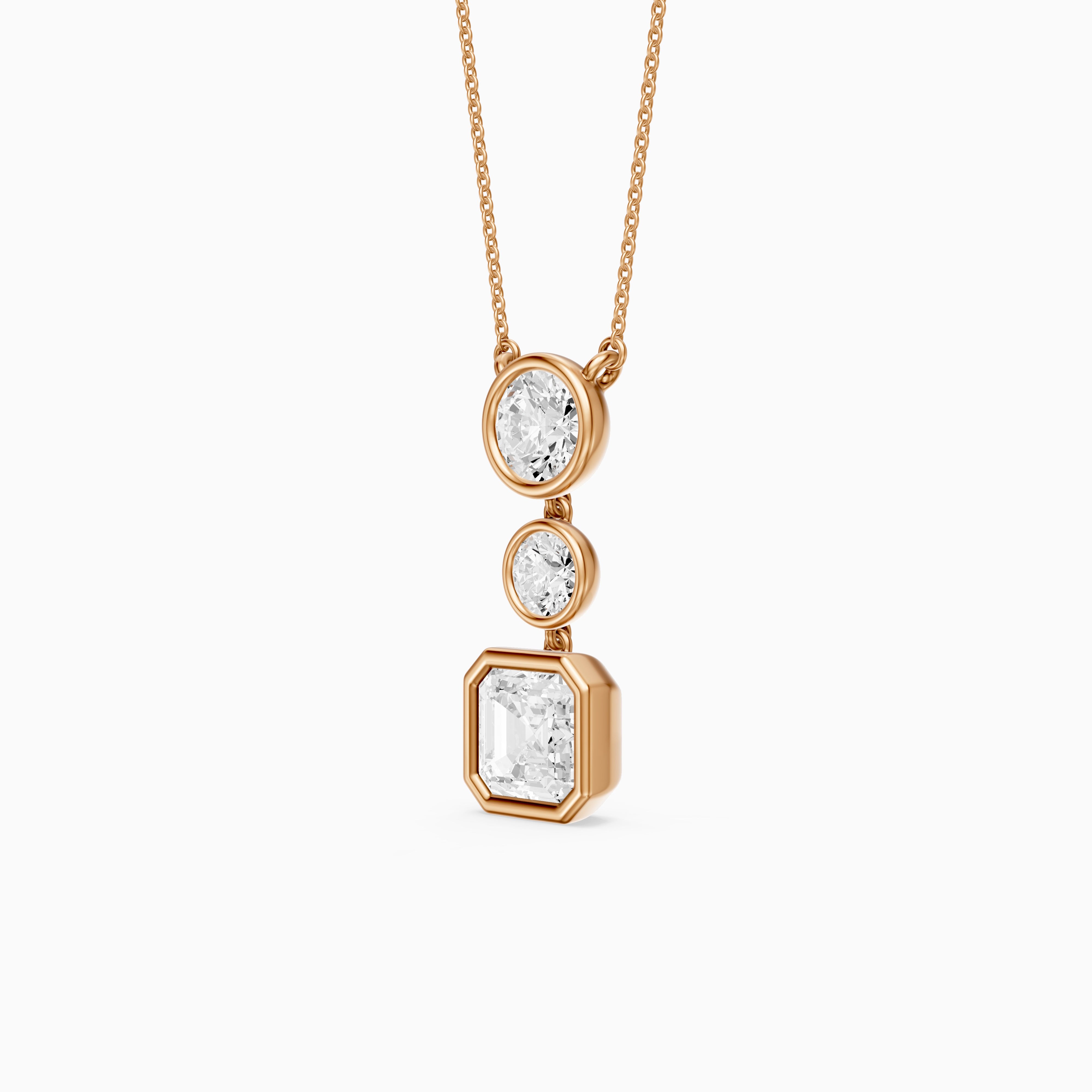 Vanessa Asscher Cut and Round Cut Lab Grown Diamond Bezel Three Stone Pendant