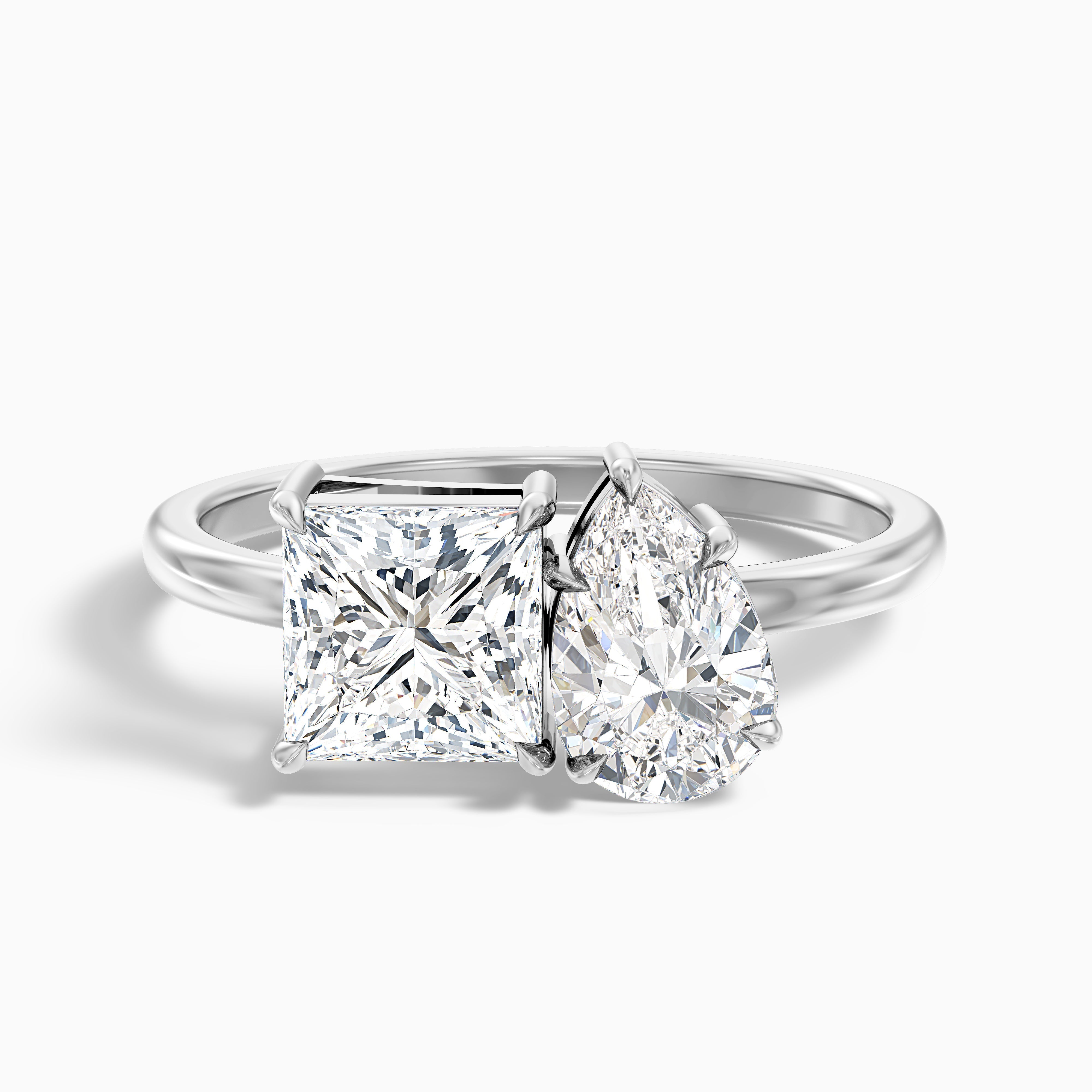 Caison Toi Et Moi Engagement Ring With Princess and Pear Two Stone Moissanite Diamond