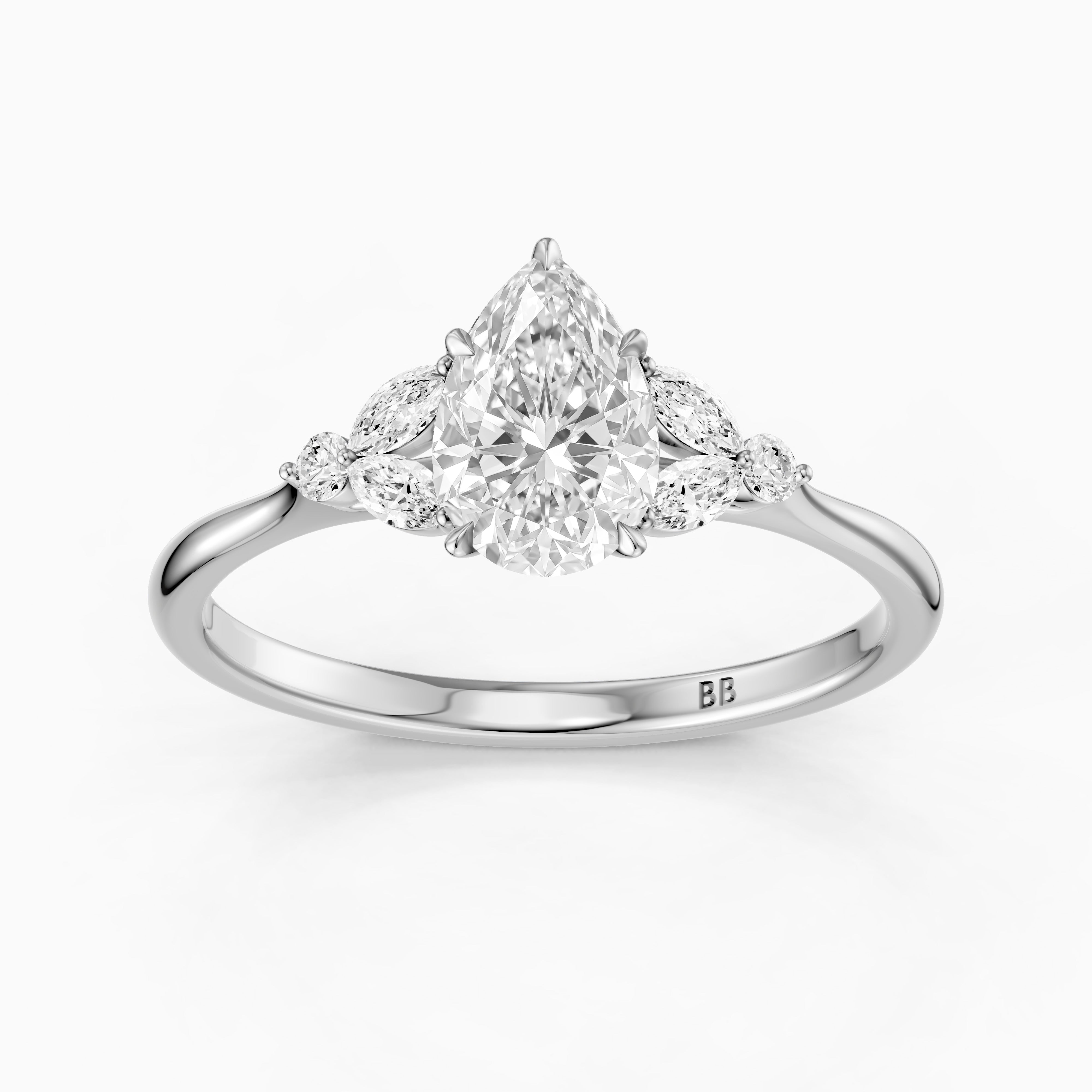 Liora Pear Cut Moissanite Diamond Ring with Marquise Side Stone Cluster