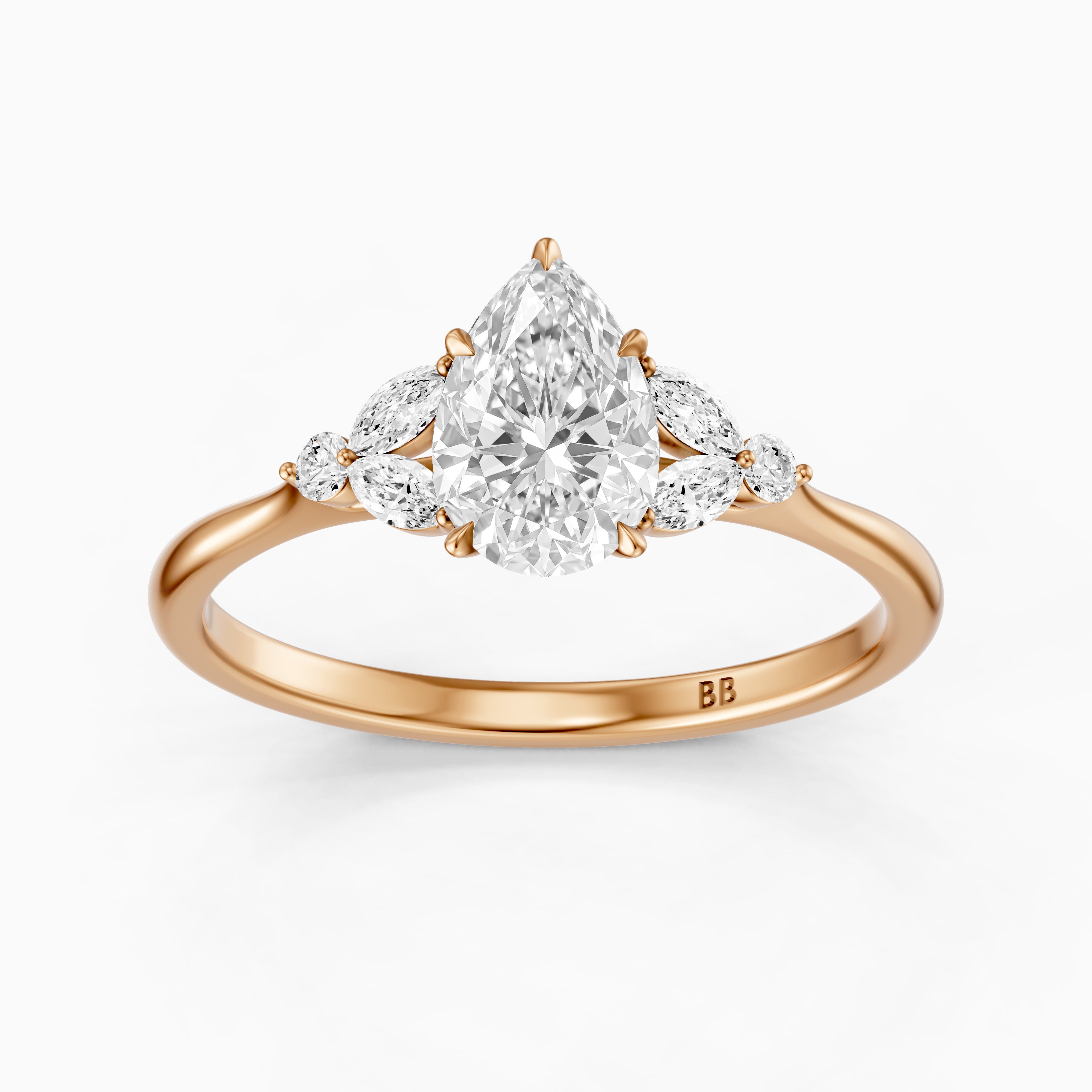 Liora Pear Cut Moissanite Diamond Ring with Marquise Side Stone Cluster