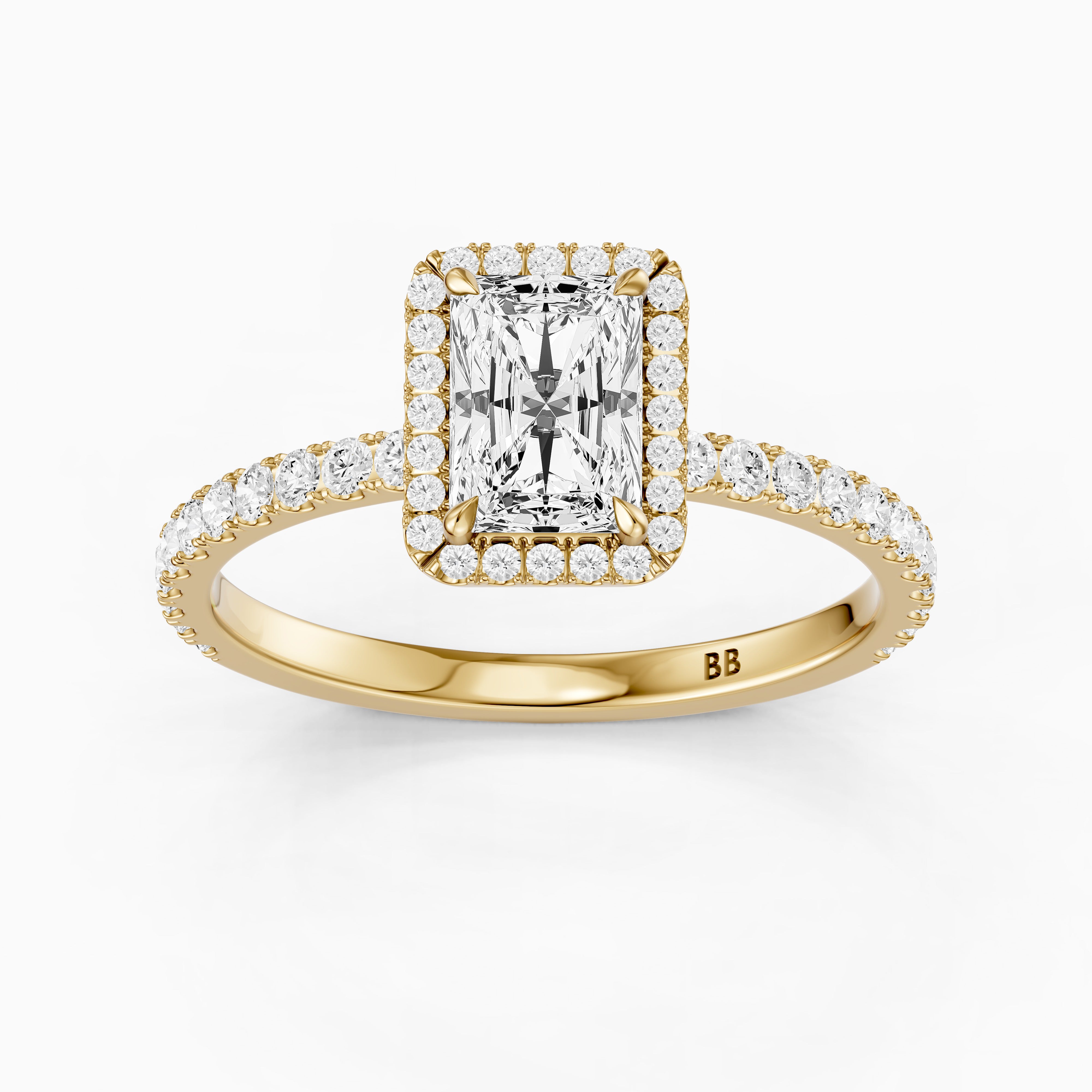 Darian Radiant Cut Halo Pave Side Stone Moissanite Diamond Ring