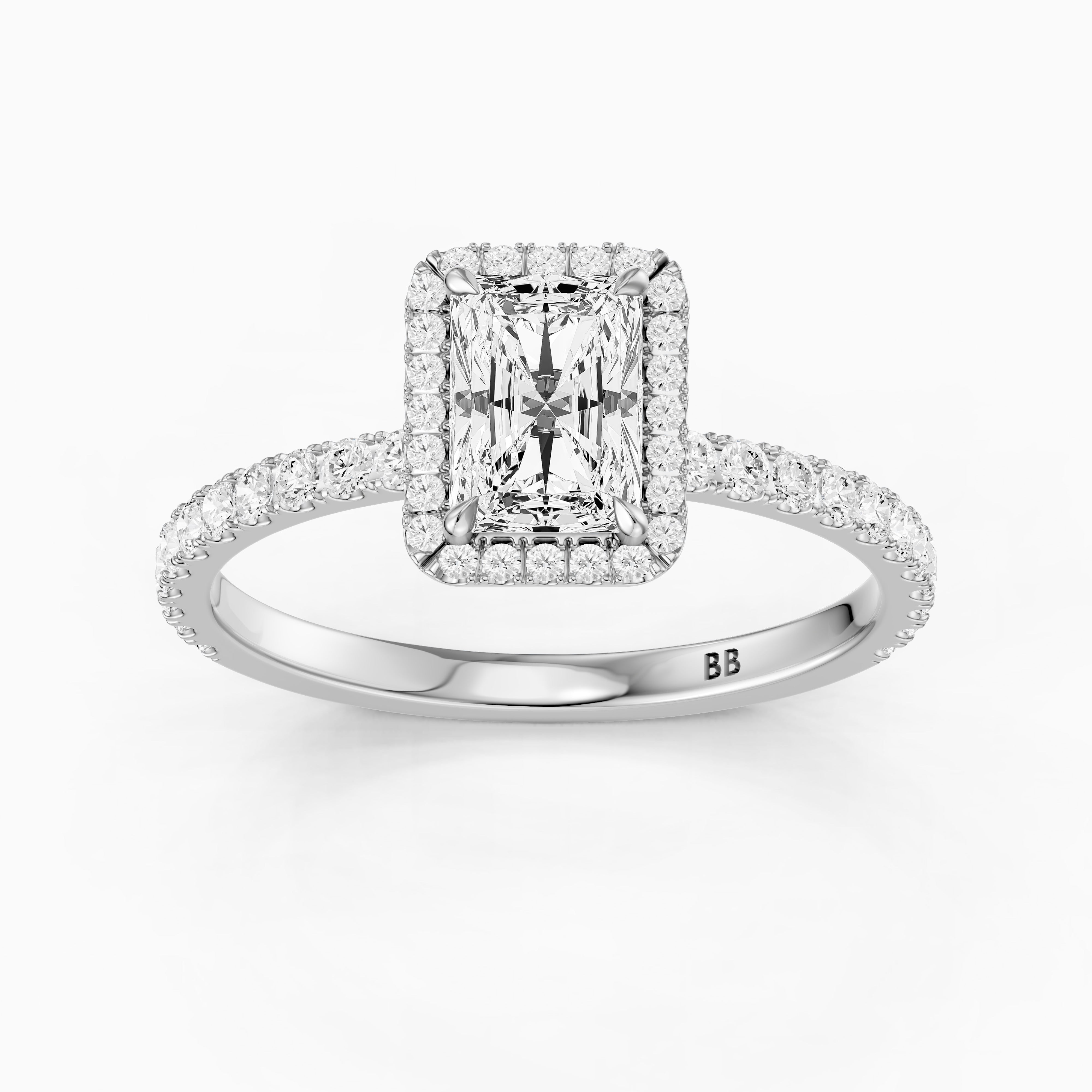 Darian Radiant Cut Halo Pave Side Stone Moissanite Diamond Ring