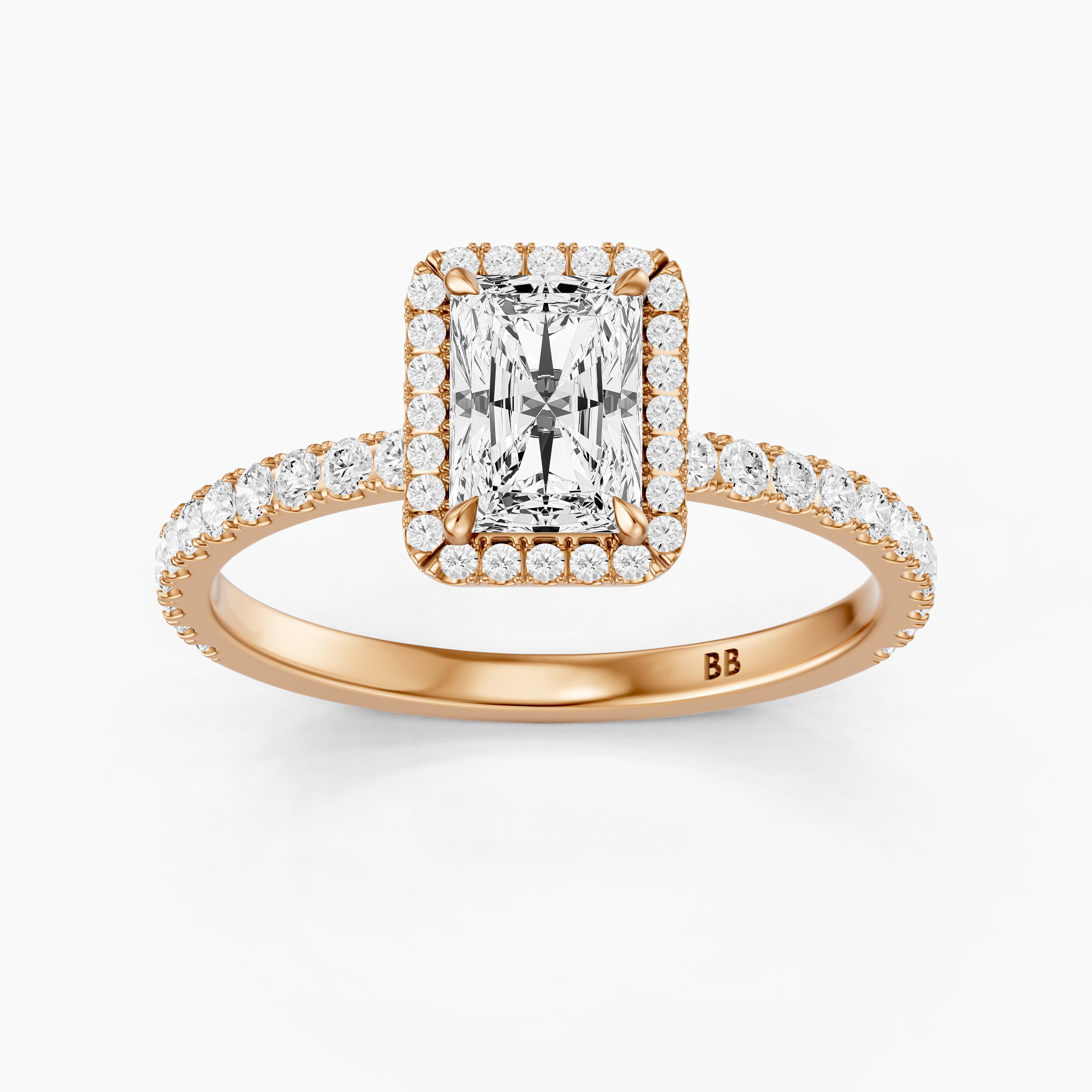 Darian Radiant Cut Halo Pave Side Stone Moissanite Diamond Ring