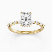 Emelyn Radiant Cut Hidden Halo Side Stone Moissanite Diamond Ring
