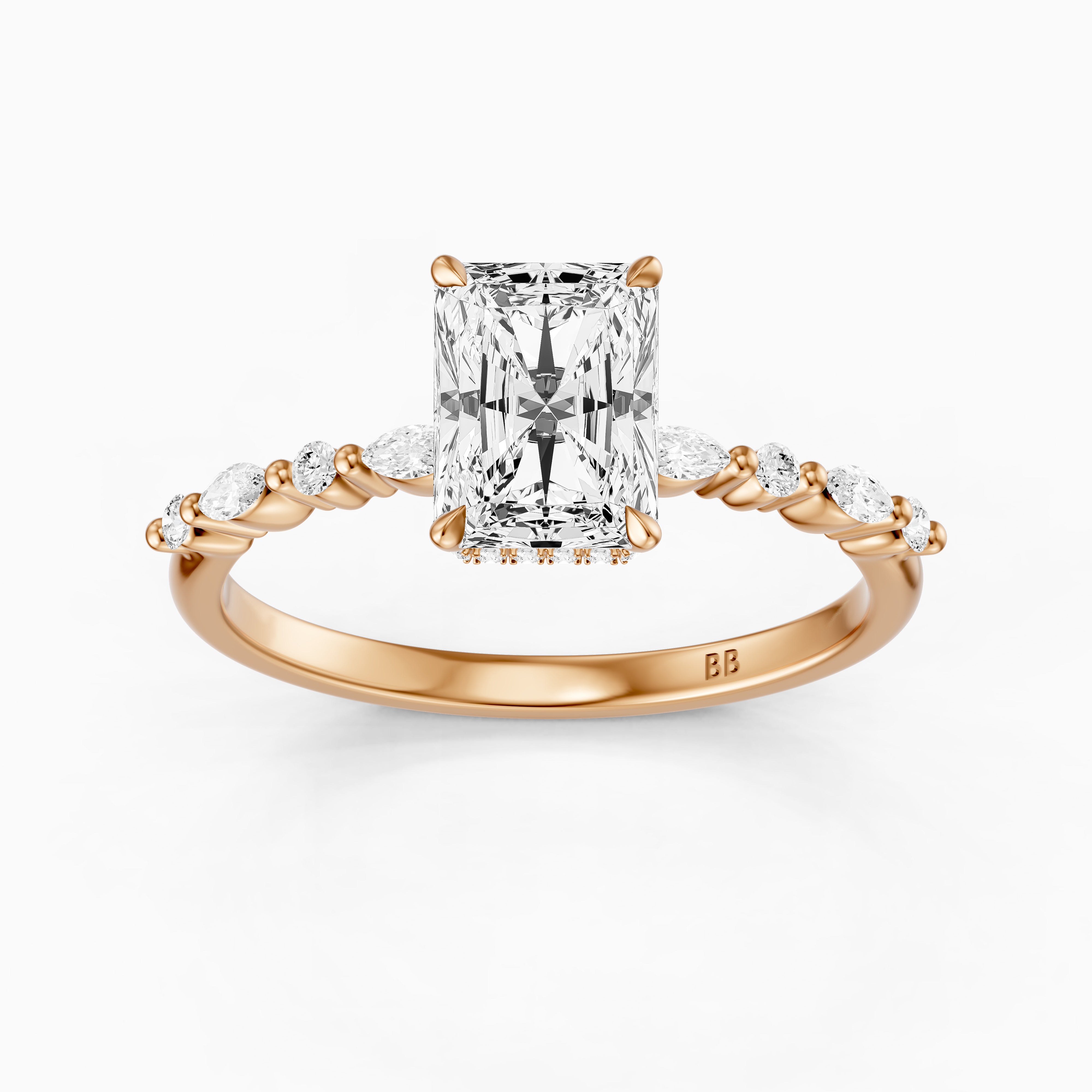 Emelyn Radiant Cut Hidden Halo Side Stone Moissanite Diamond Ring