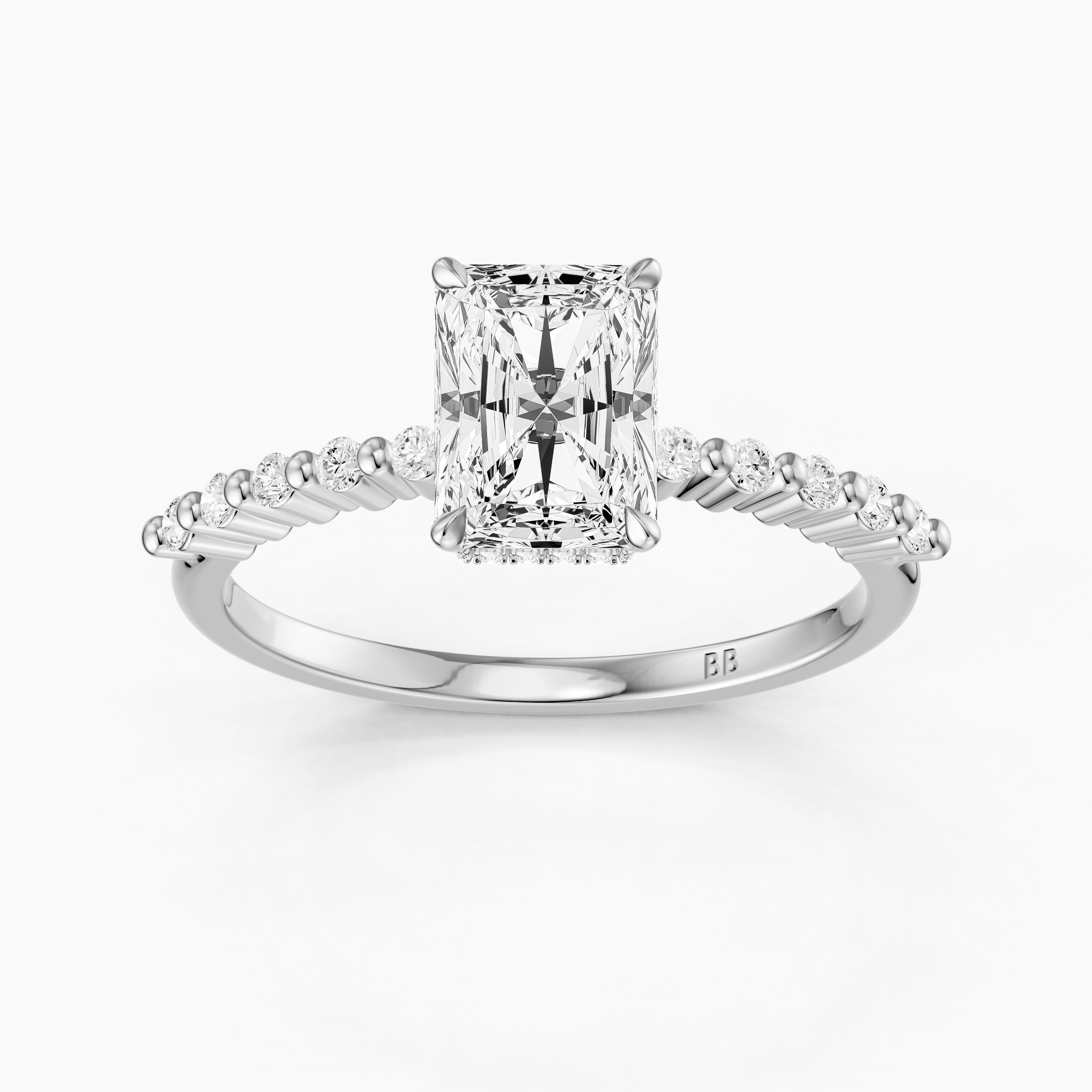 Felina Radiant Cut Hidden Halo Side Stone Moissanite Diamond Ring