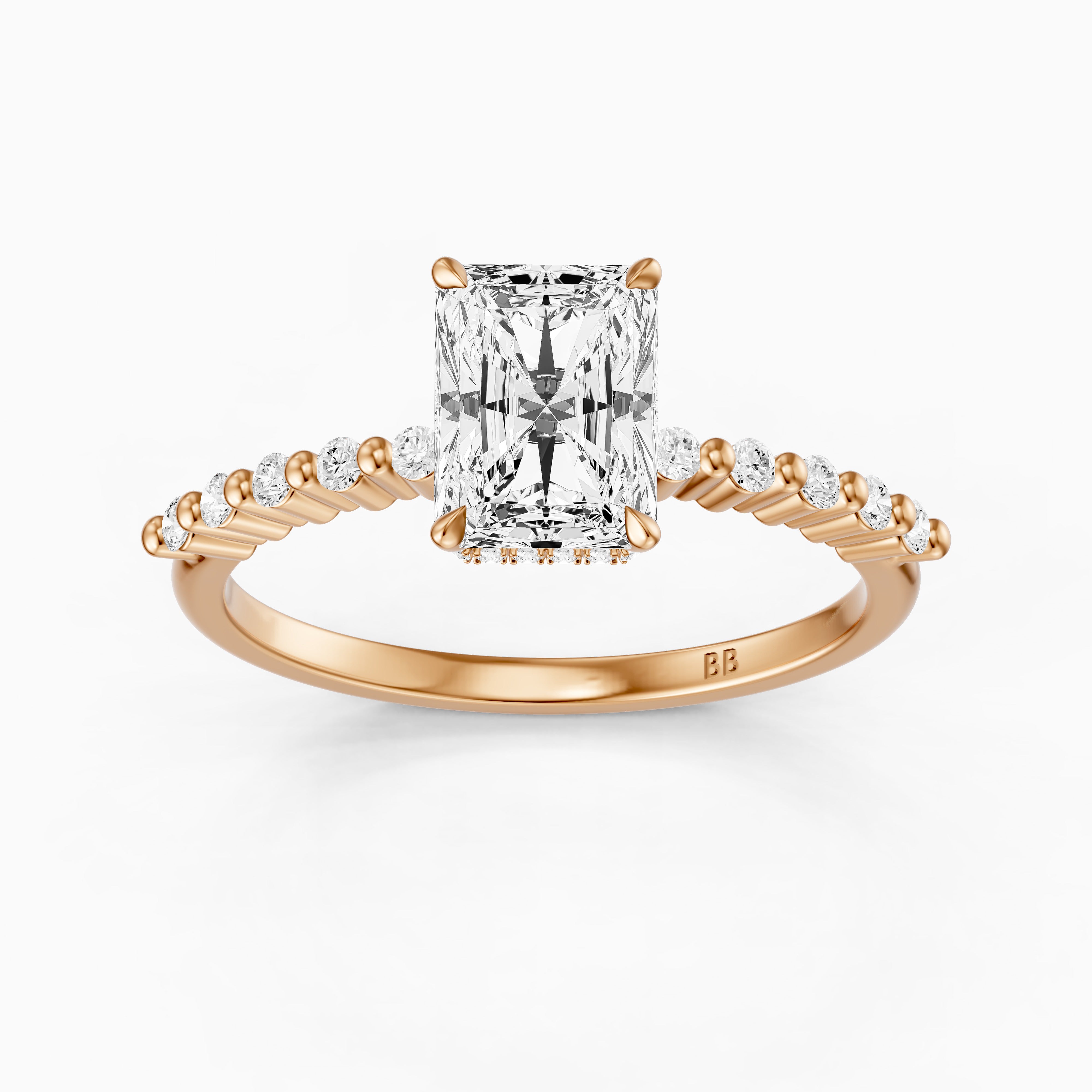 Felina Radiant Cut Hidden Halo Side Stone Moissanite Diamond Ring
