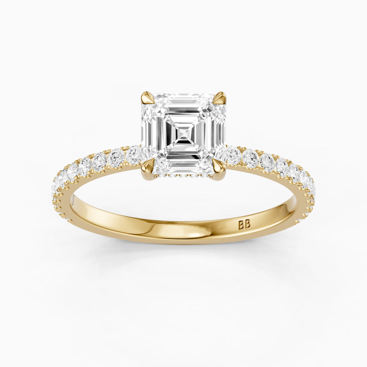 Hannah Asscher Cut Hidden Halo Pave Side Stone Moissanite Diamond Ring