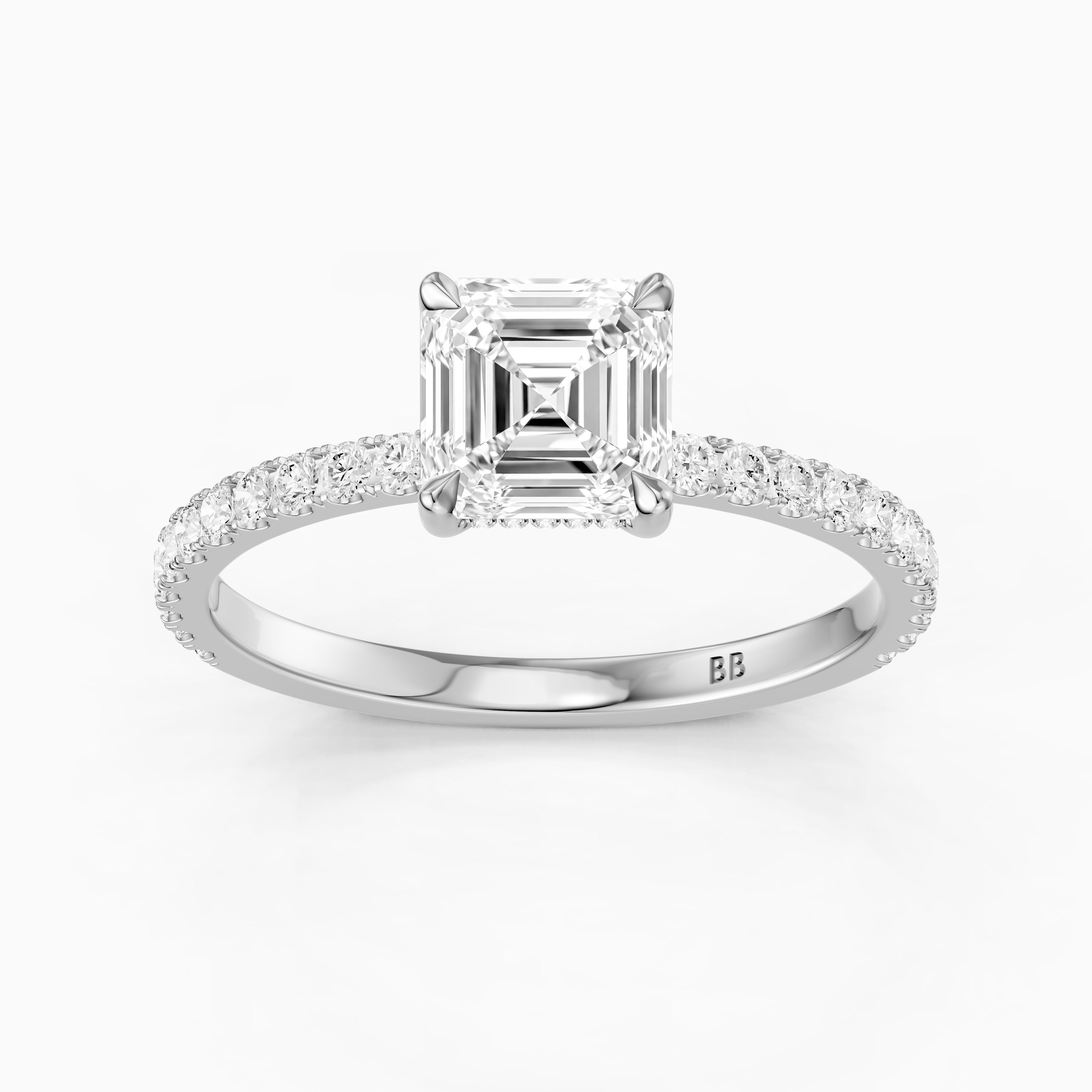 Hannah Asscher Cut Hidden Halo Pave Side Stone Moissanite Diamond Ring