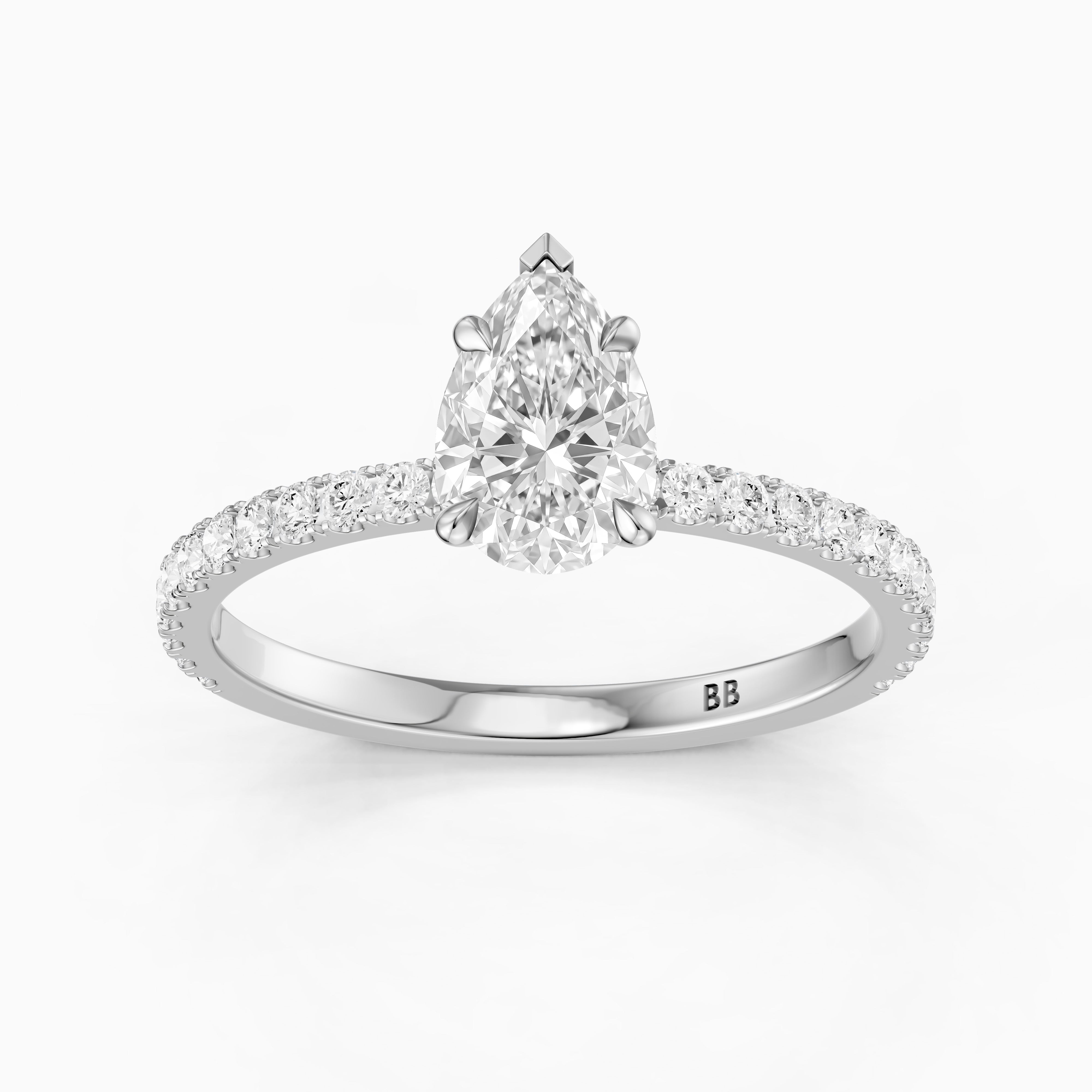 Kailey 5 Prong Pear Cut Pave Side Stone Moissanite Diamond Ring