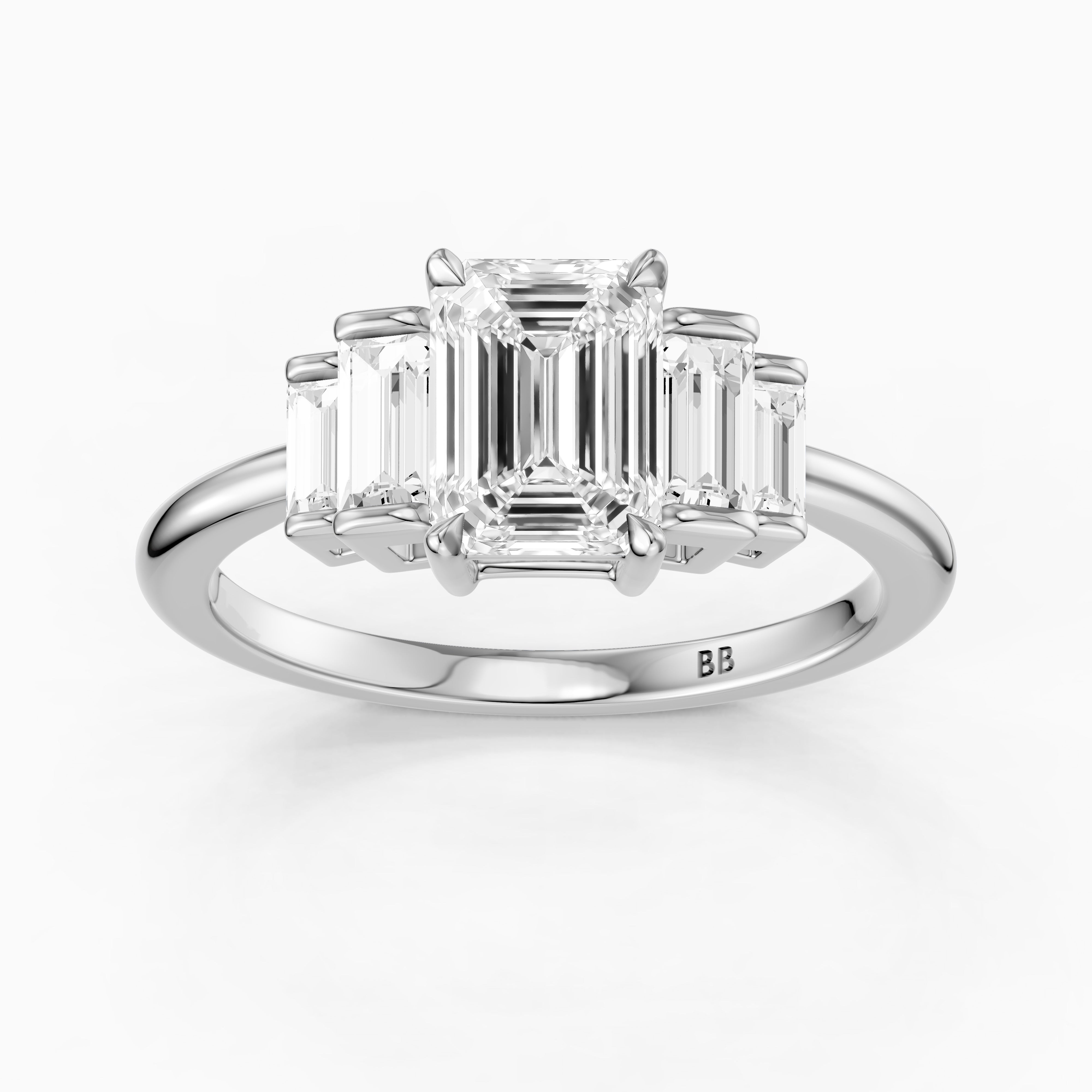 Kianna Five Stone Emerald Cut With Baguette Side Stone Moissanite Diamond Ring