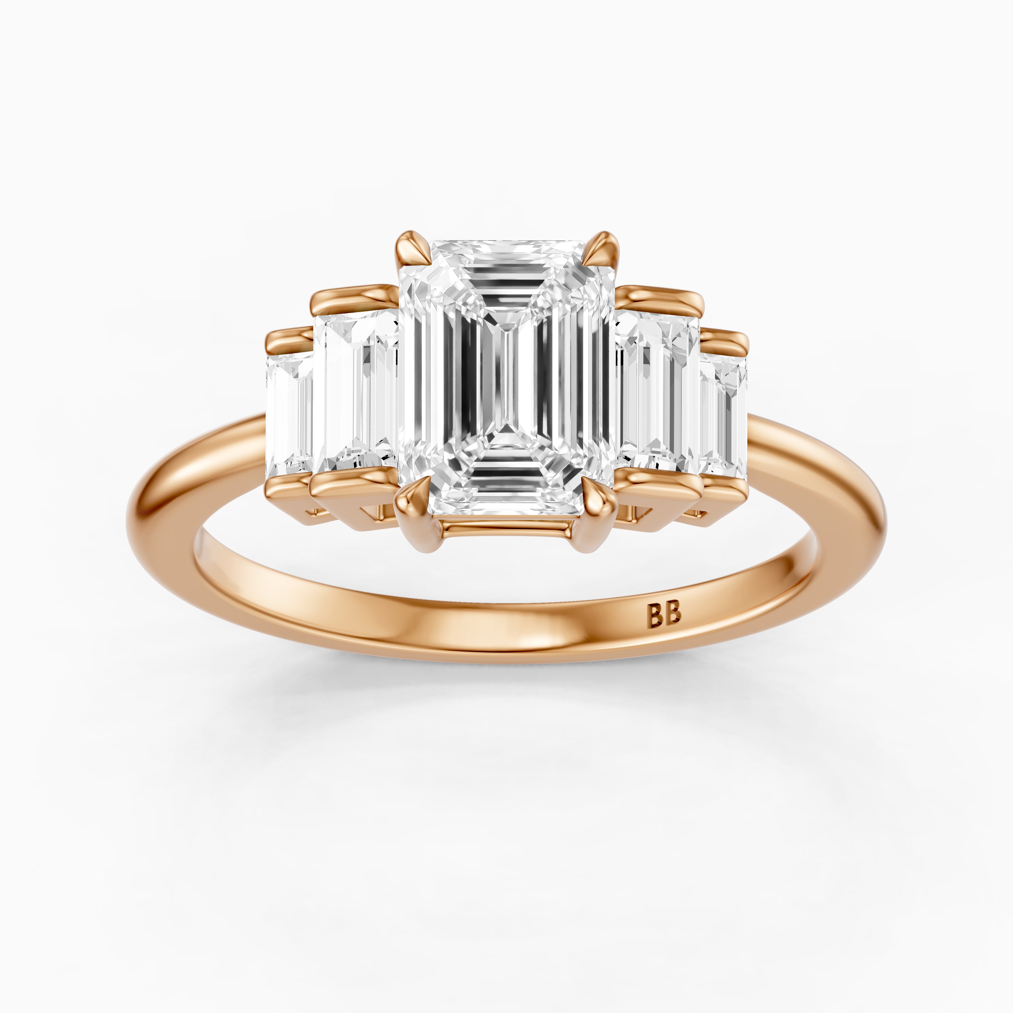 Kianna Five Stone Emerald Cut With Baguette Side Stone Moissanite Diamond Ring