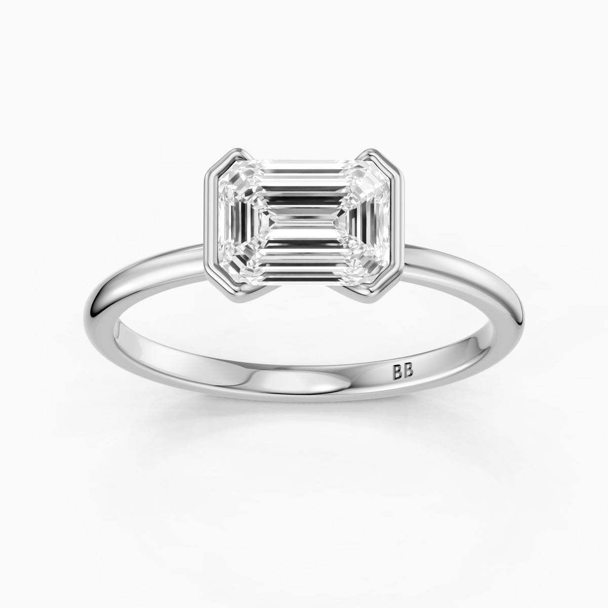 Kierra Emerald Half Bezel East West Moissanite Diamond Ring