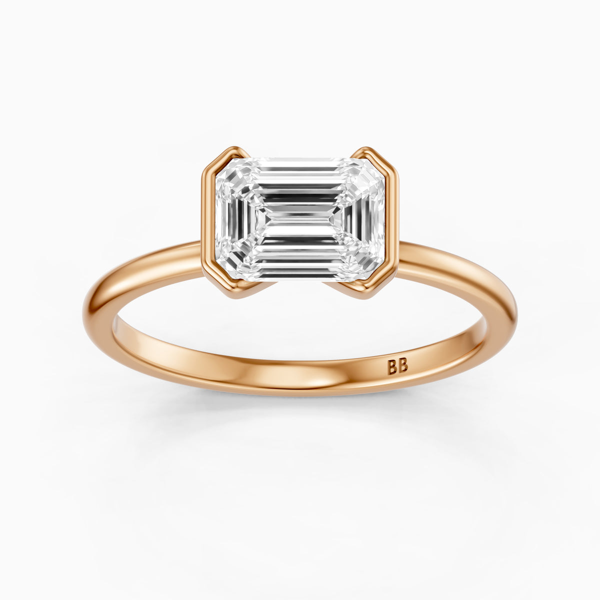Kierra Emerald Half Bezel East West Moissanite Diamond Ring