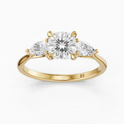 Meghan Three Stone Cushion With Pear Side Stones Lab Grown Diamond Ring