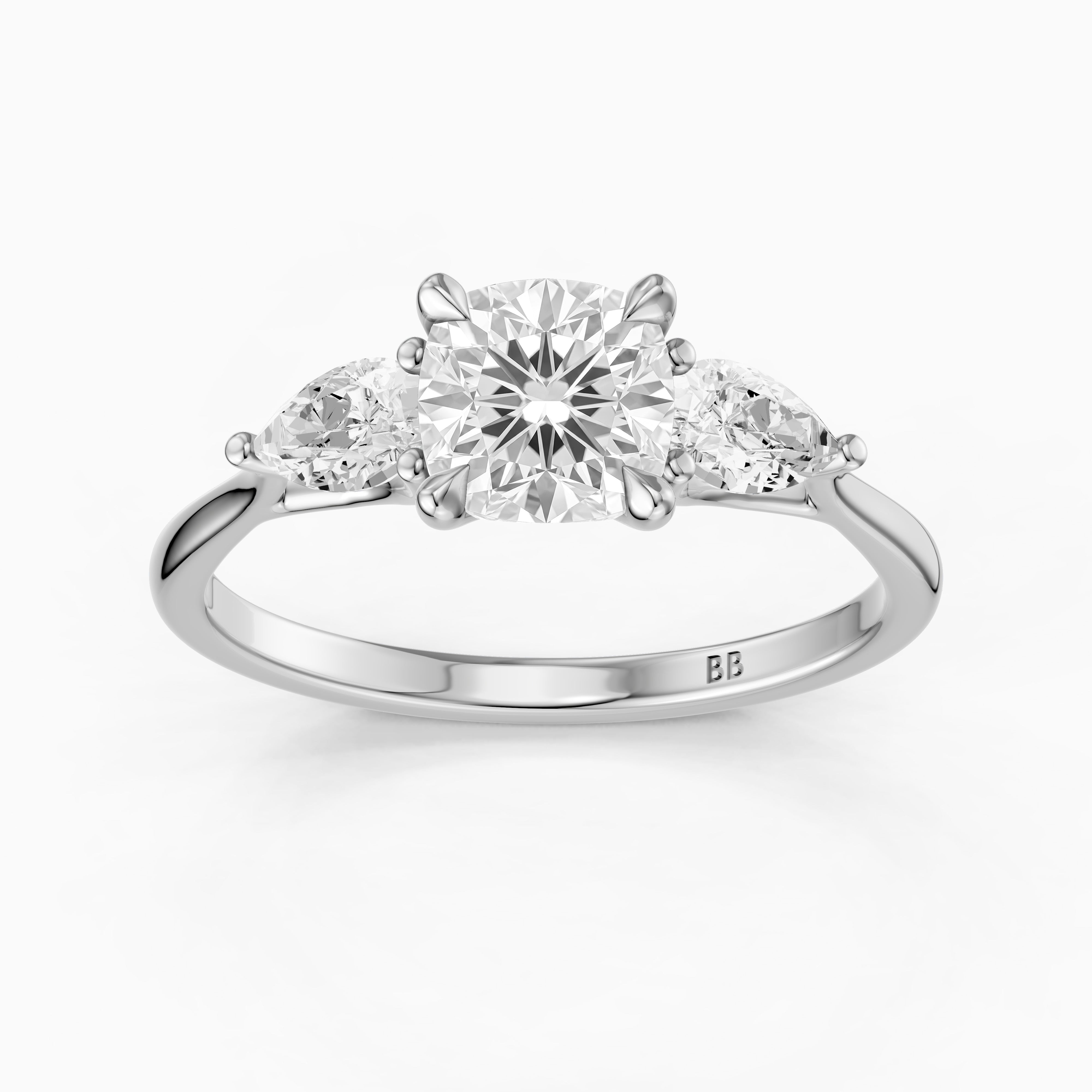 Meghan Three Stone Cushion With Pear Side Stones Lab Grown Diamond Ring