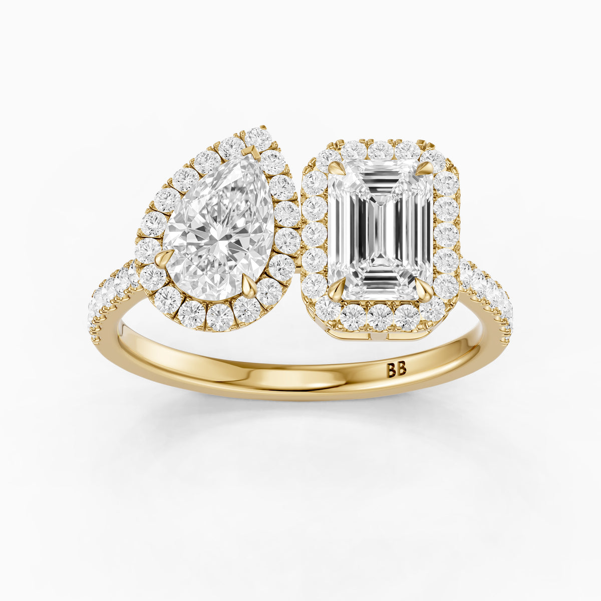 Marisa Toi Et Moi Halo Pave Ring With Pear and Emerald Moissanite Diamond