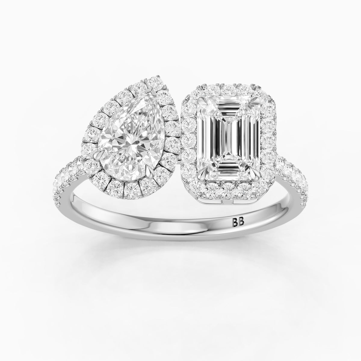 Marisa Toi Et Moi Halo Pave Ring With Pear and Emerald Moissanite Diamond