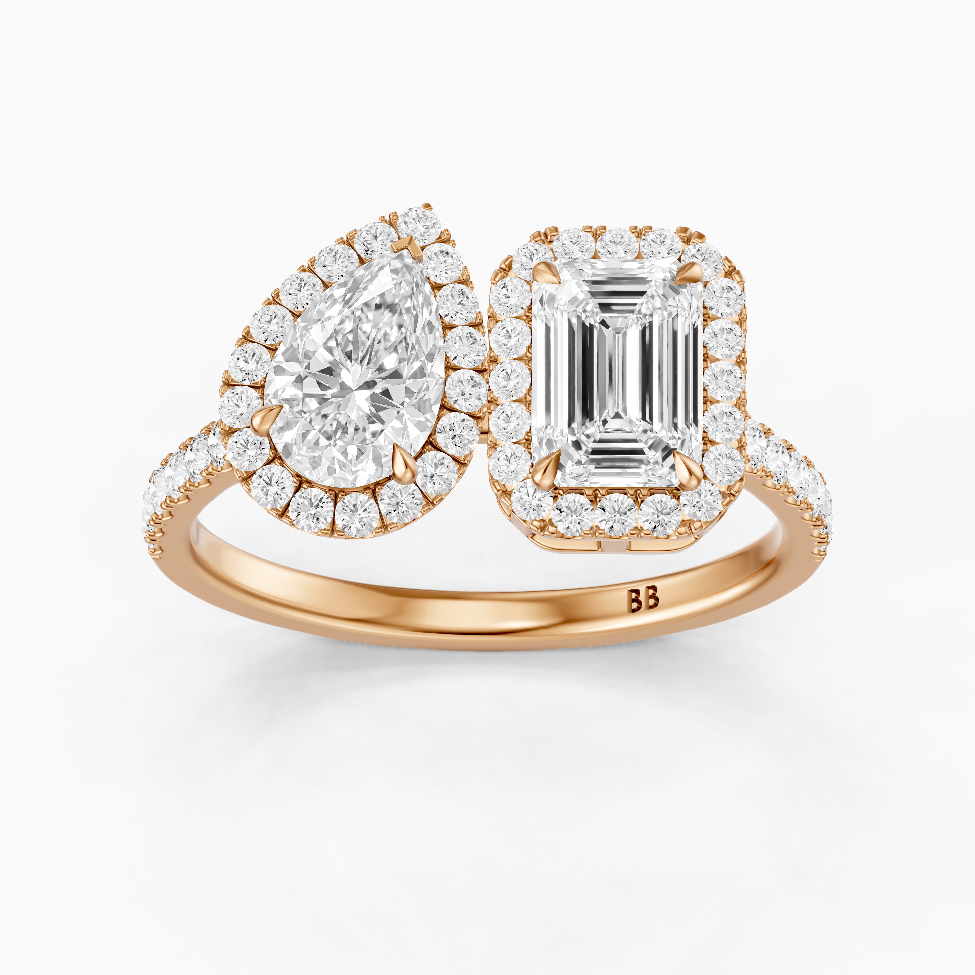 Marisa Toi Et Moi Halo Pave Ring With Pear and Emerald Moissanite Diamond