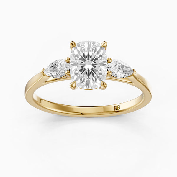 Nalani Three Stone Elongated Cushion Cut Lab Grown Diamond Ring with Pear Side Stones