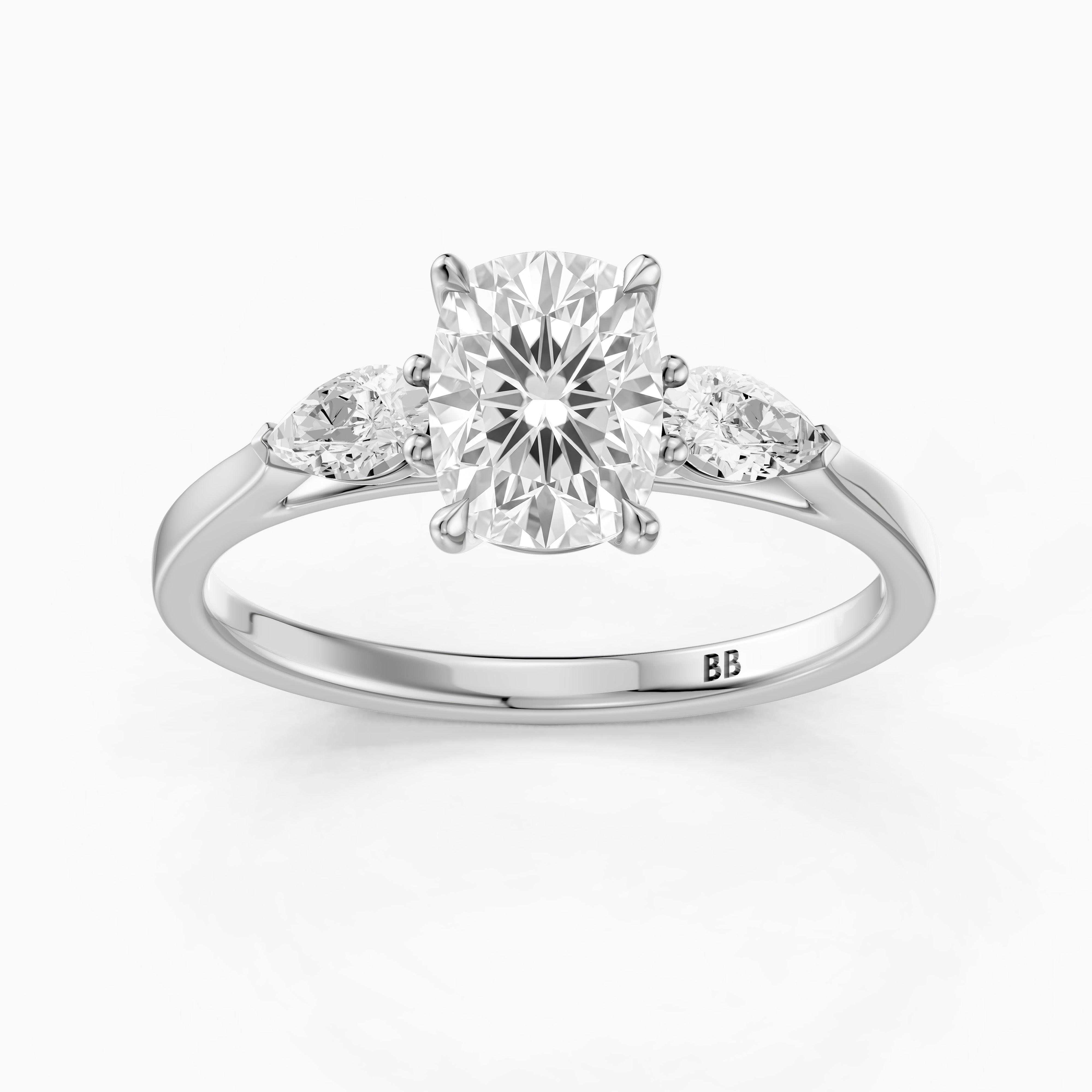 Nalani Three Stone Elongated Cushion Cut Lab Grown Diamond Ring with Pear Side Stones