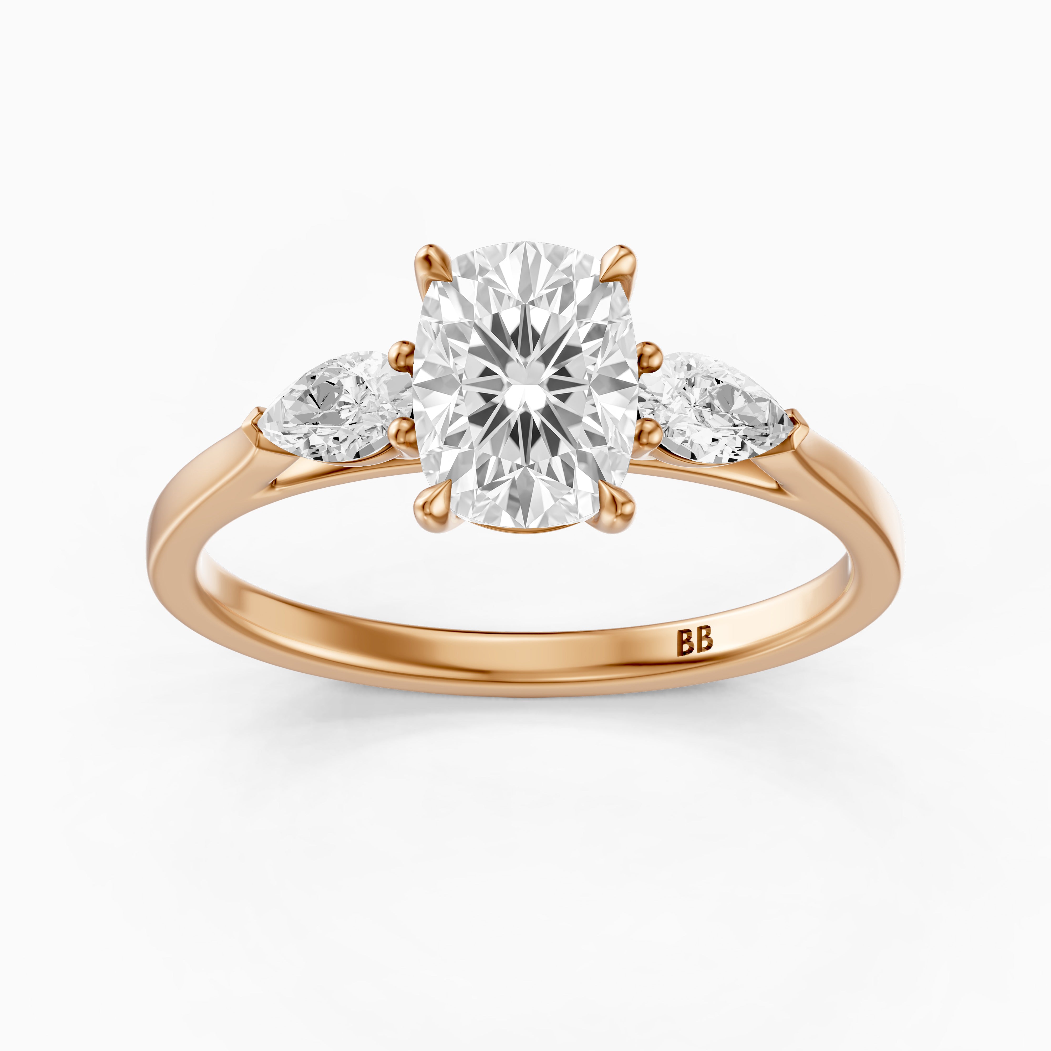Nalani Three Stone Elongated Cushion Cut Lab Grown Diamond Ring with Pear Side Stones