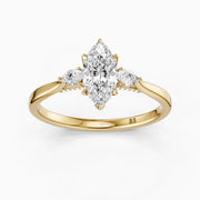 Hazel Marquise Three Stone Moissanite Ring in Tulip Cathedral Setting