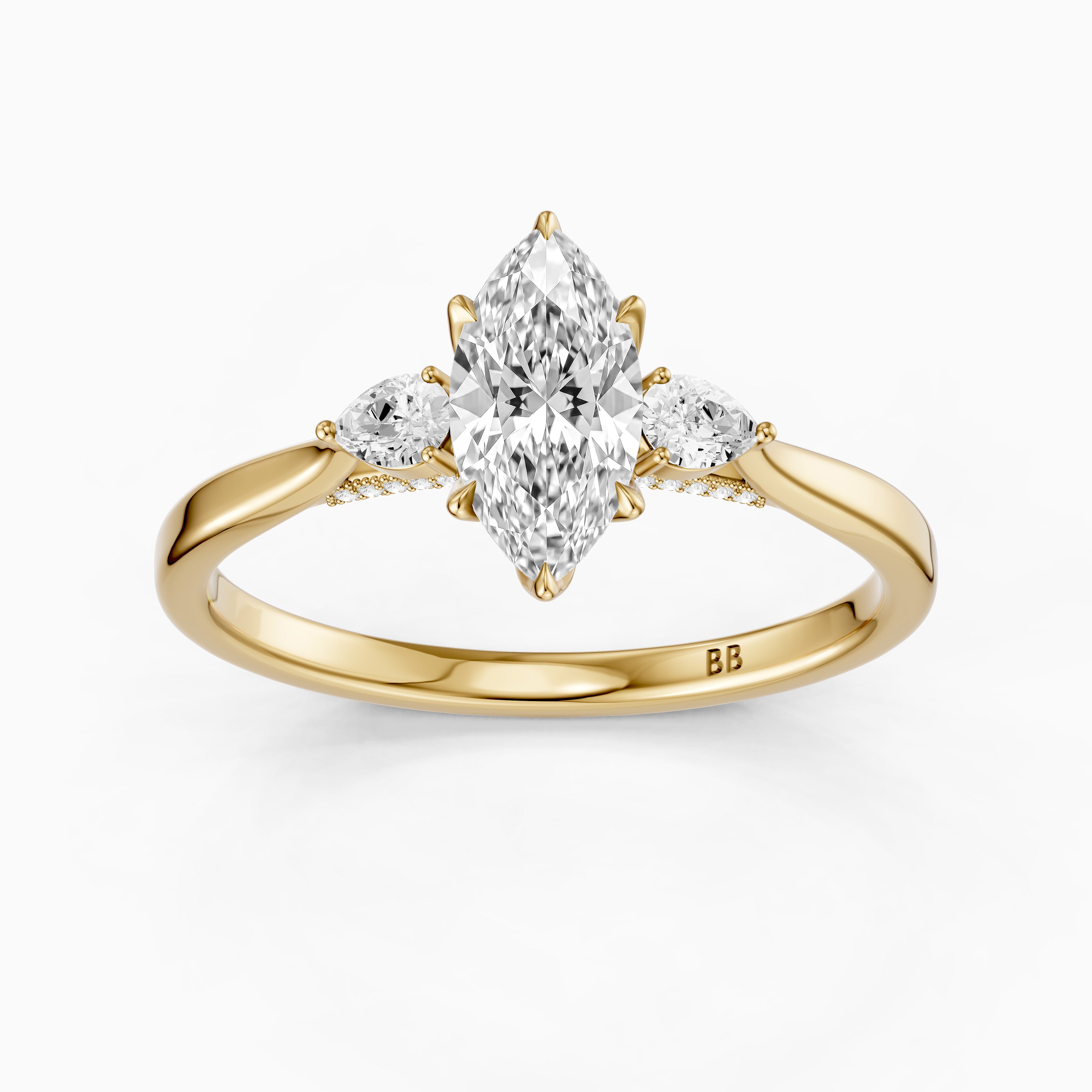 Hazel Marquise Three Stone Moissanite Ring in Tulip Cathedral Setting