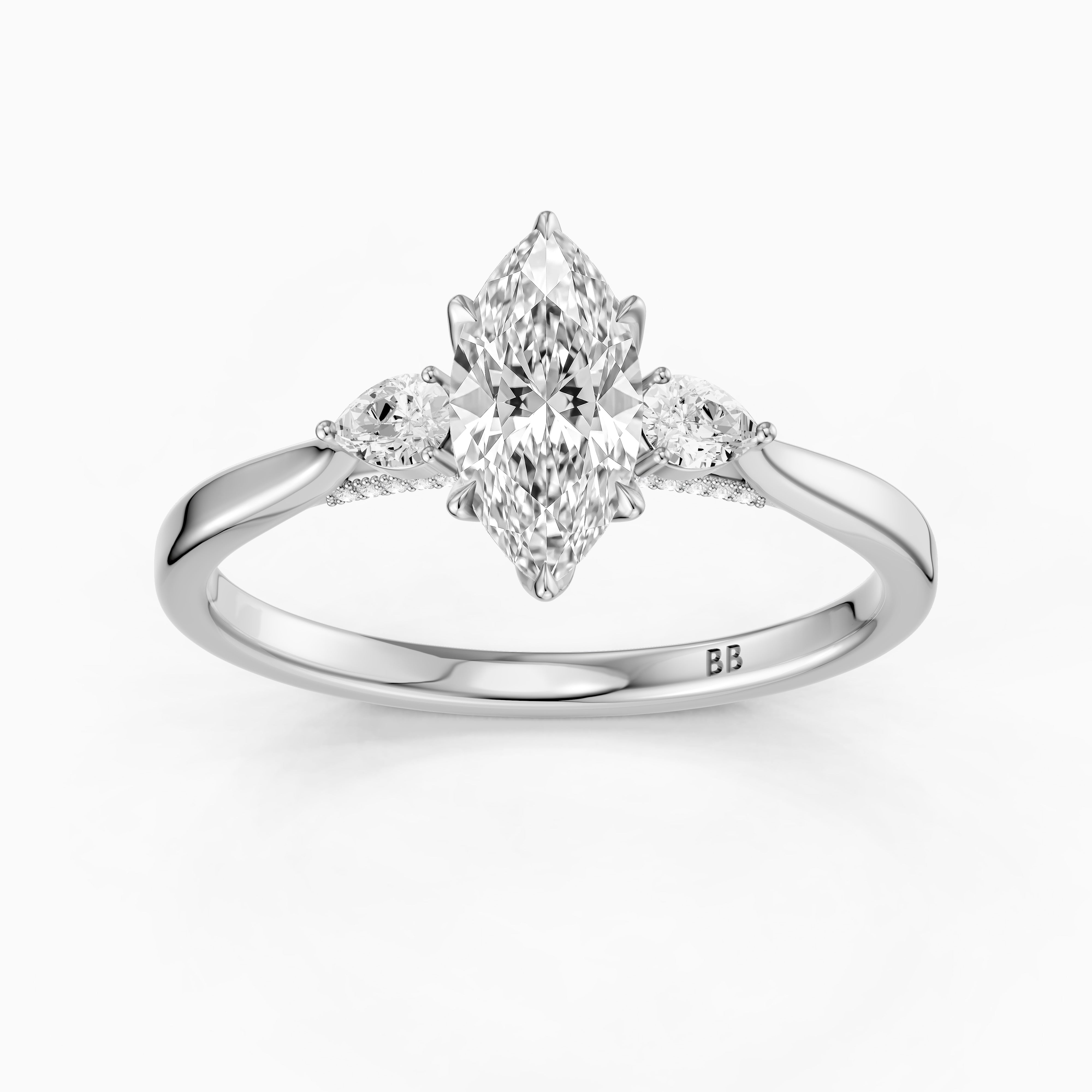 Hazel Marquise Three Stone Moissanite Ring in Tulip Cathedral Setting