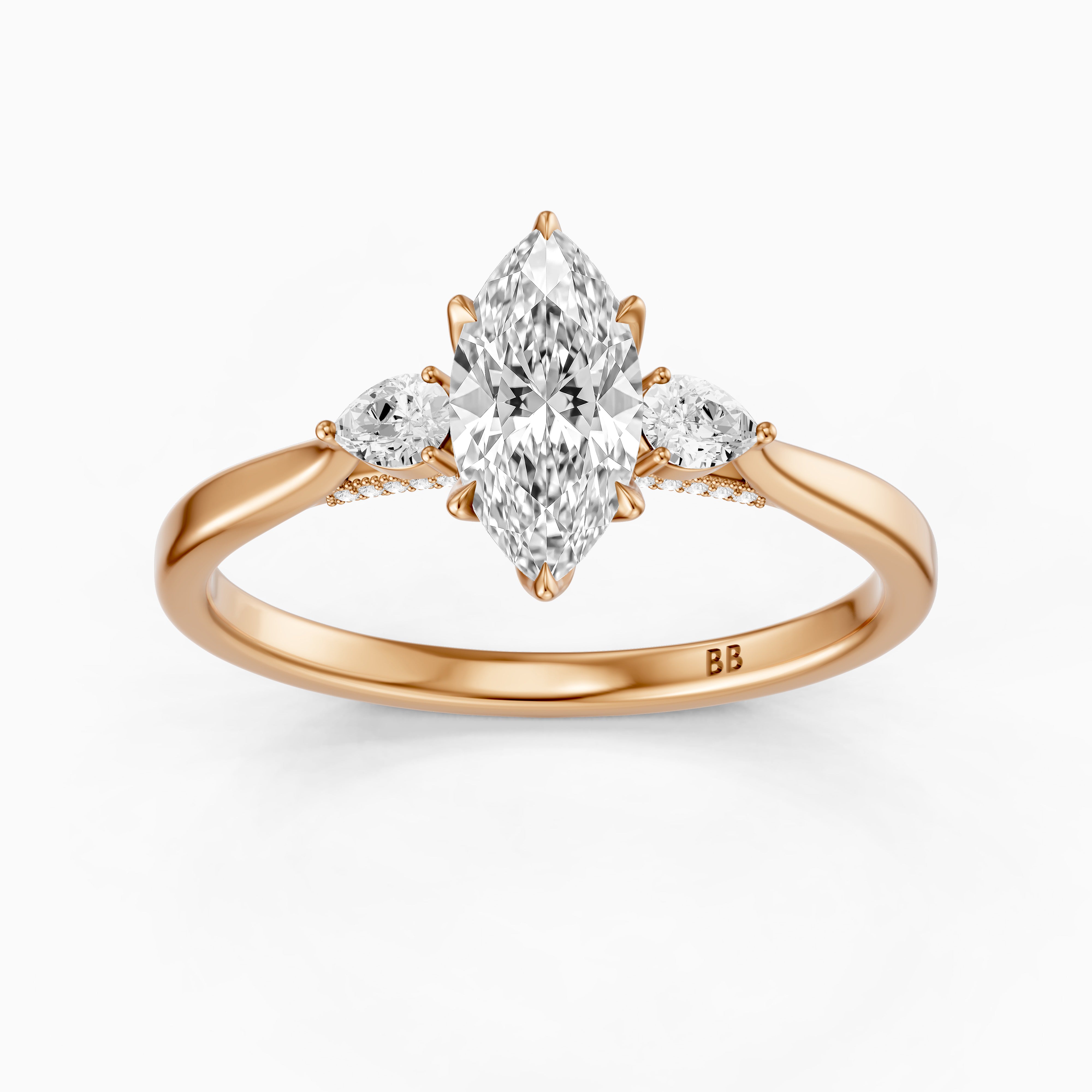 Hazel Marquise Three Stone Moissanite Ring in Tulip Cathedral Setting