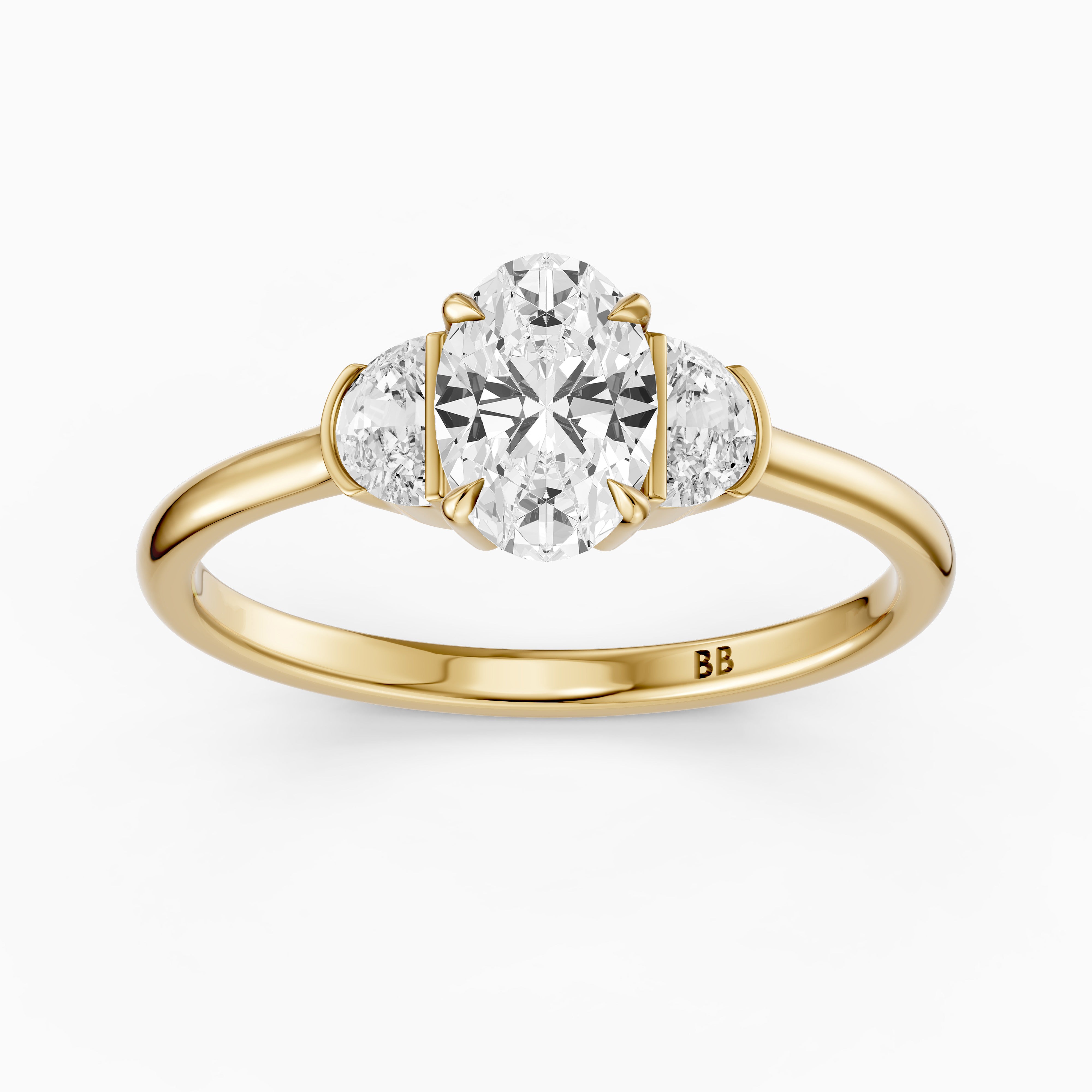 Lucia Three Stone Oval Moissanite Diamond Ring with Half Moon Side Stones