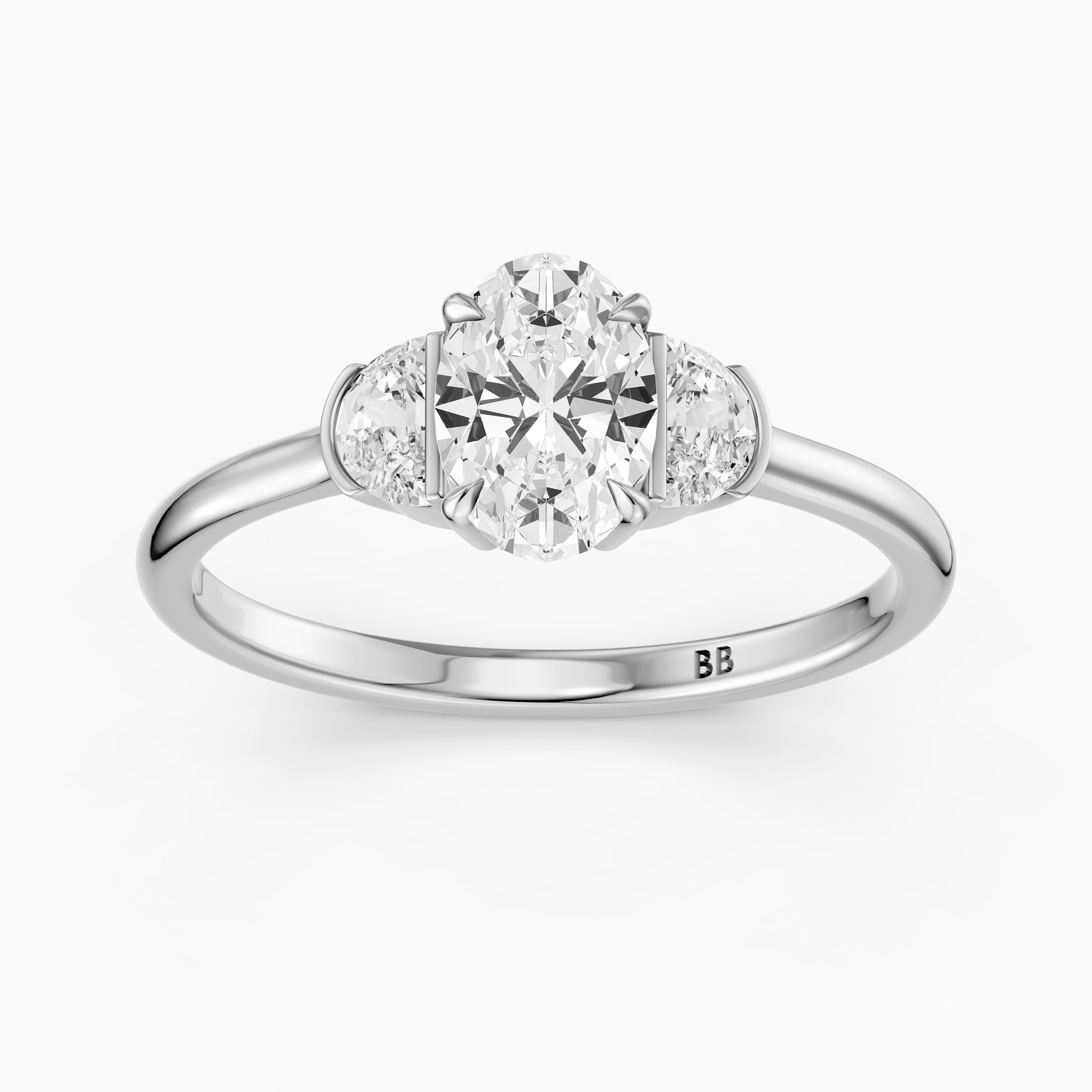 Lucia Three Stone Oval Moissanite Diamond Ring with Half Moon Side Stones