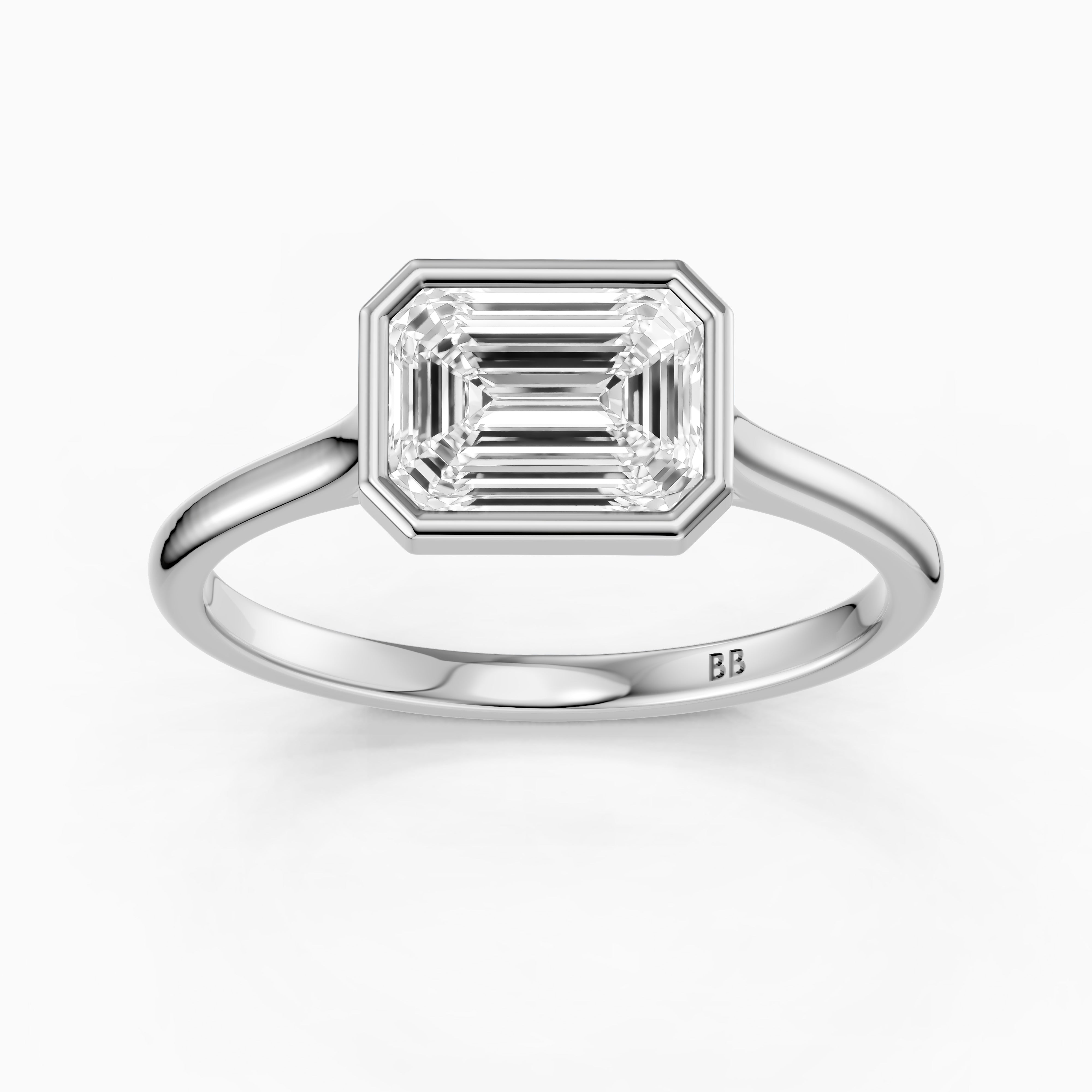 Abigail Emerald Cut East West Bezel Set Solitaire Moissanite Diamond Ring