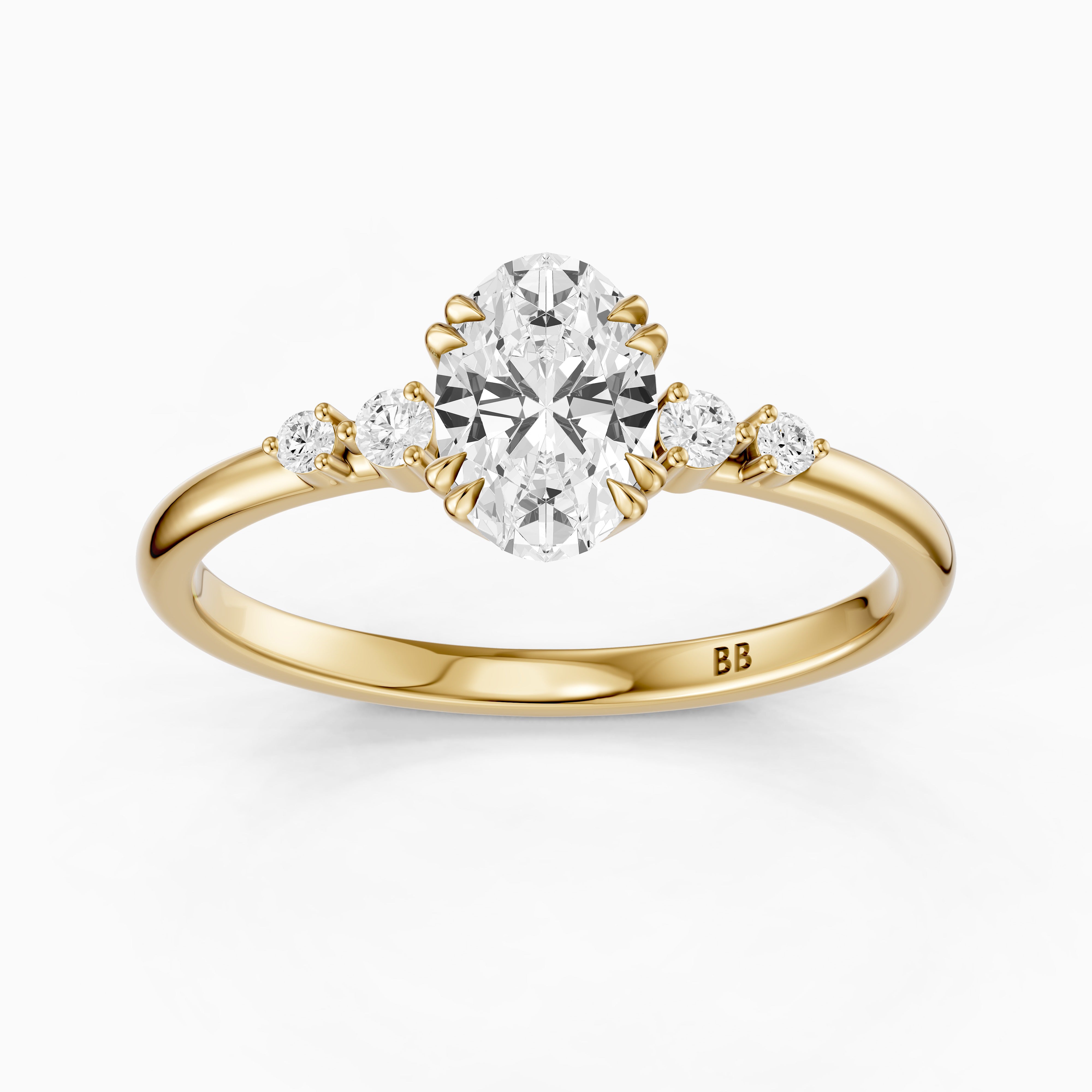 Lucille Oval Double Claw Prong Moissanite Diamond Ring with Side Stones