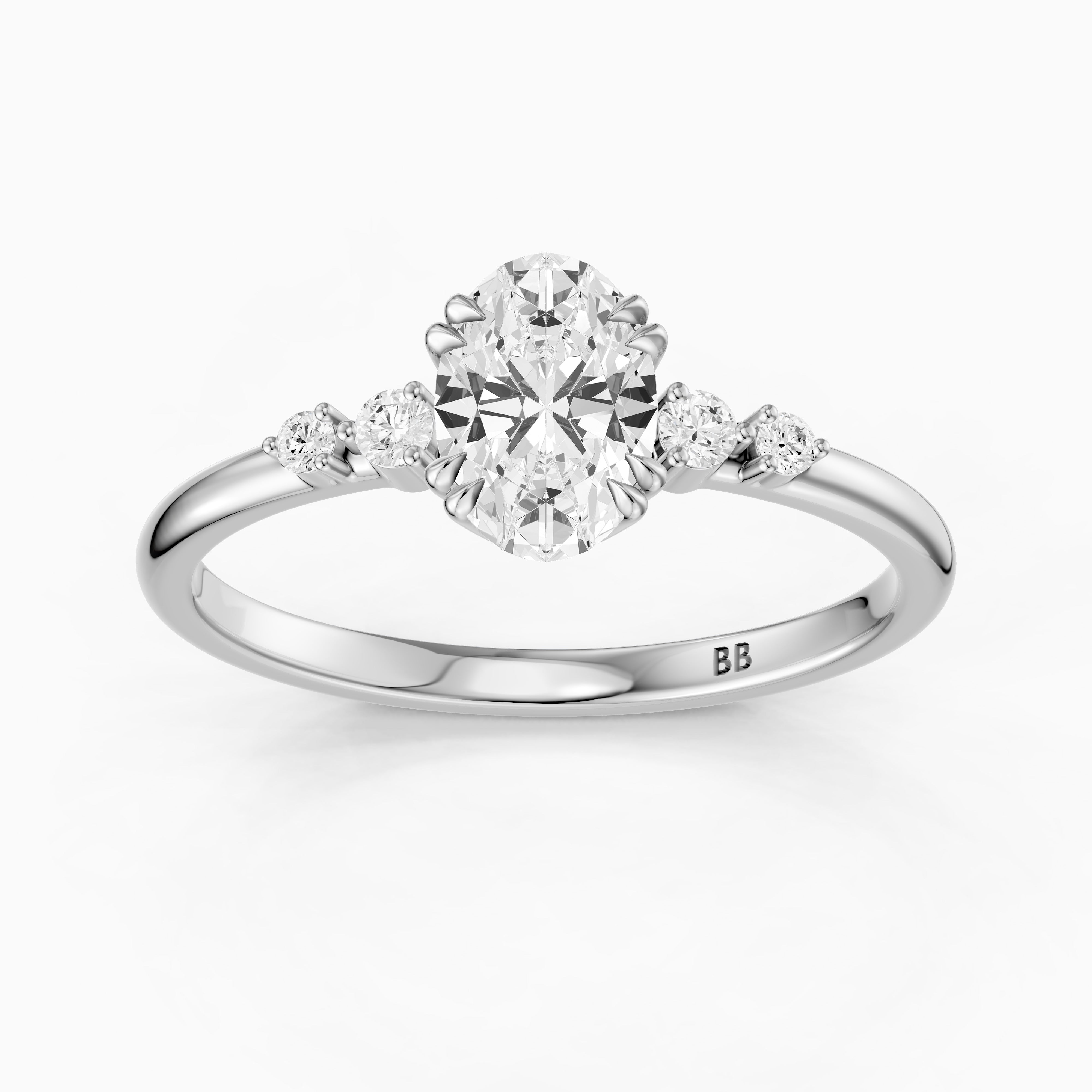 Lucille Oval Double Claw Prong Moissanite Diamond Ring with Side Stones