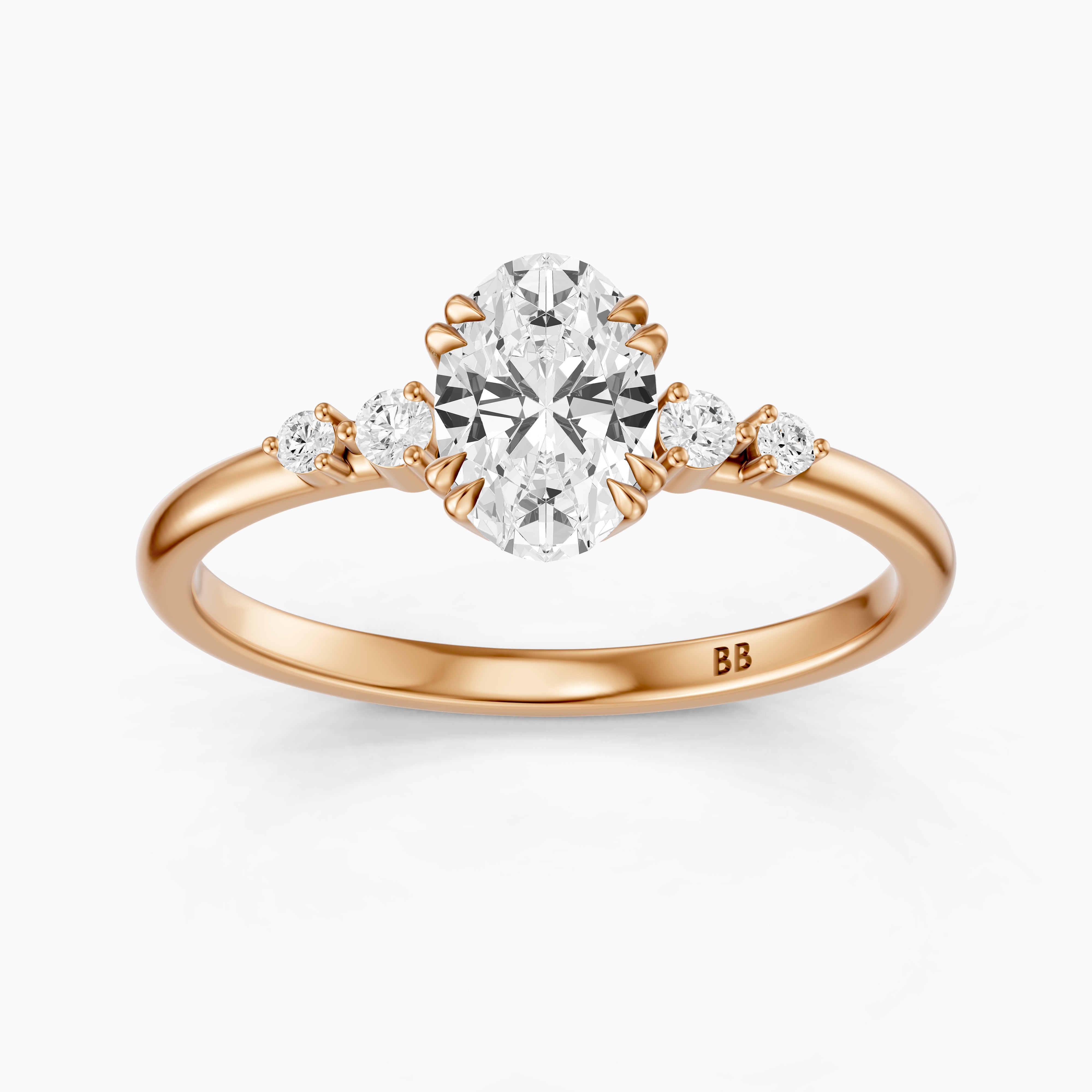 Lucille Oval Double Claw Prong Moissanite Diamond Ring with Side Stones