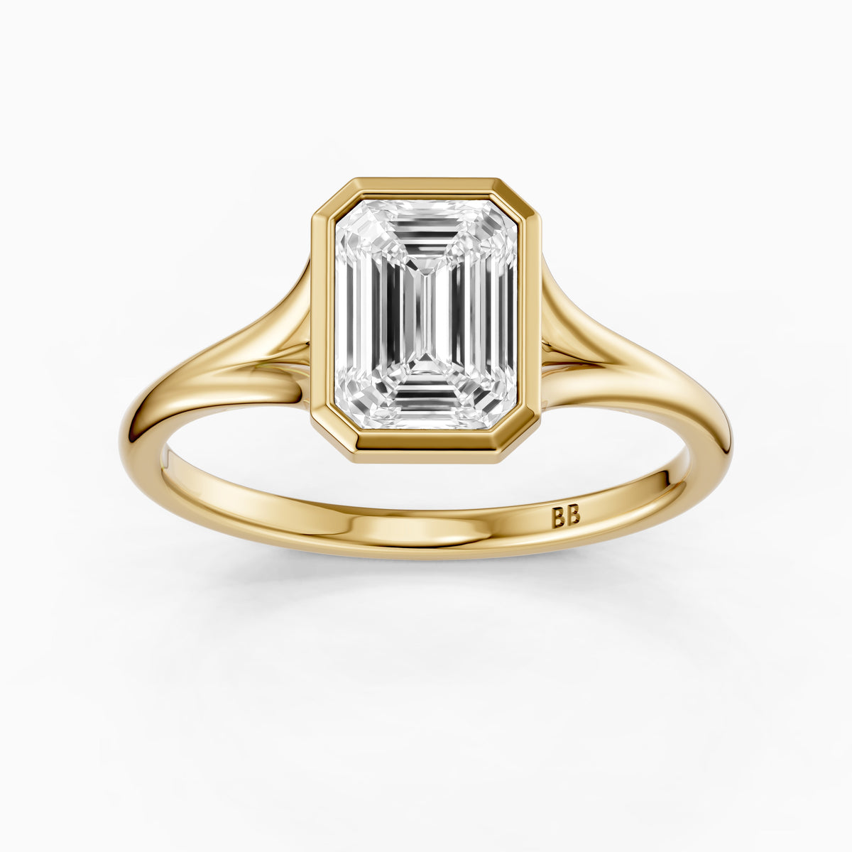 Milani Emerald Cut Moissanite Diamond Bezel Solitaire Ring with Split Band