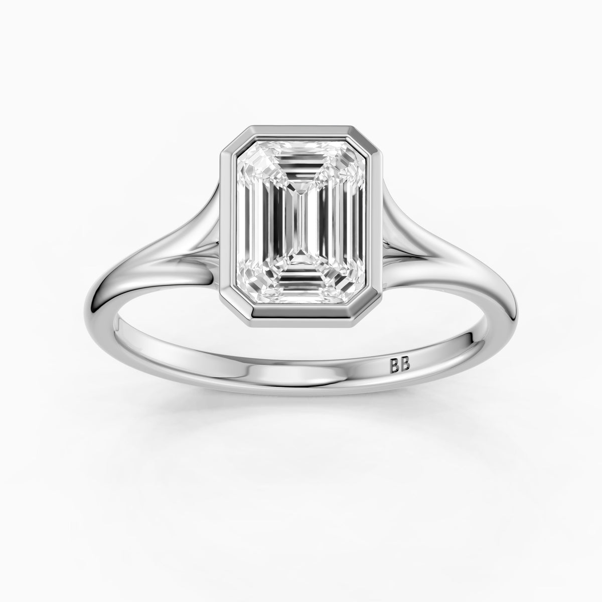 Milani Emerald Cut Moissanite Diamond Bezel Solitaire Ring with Split Band
