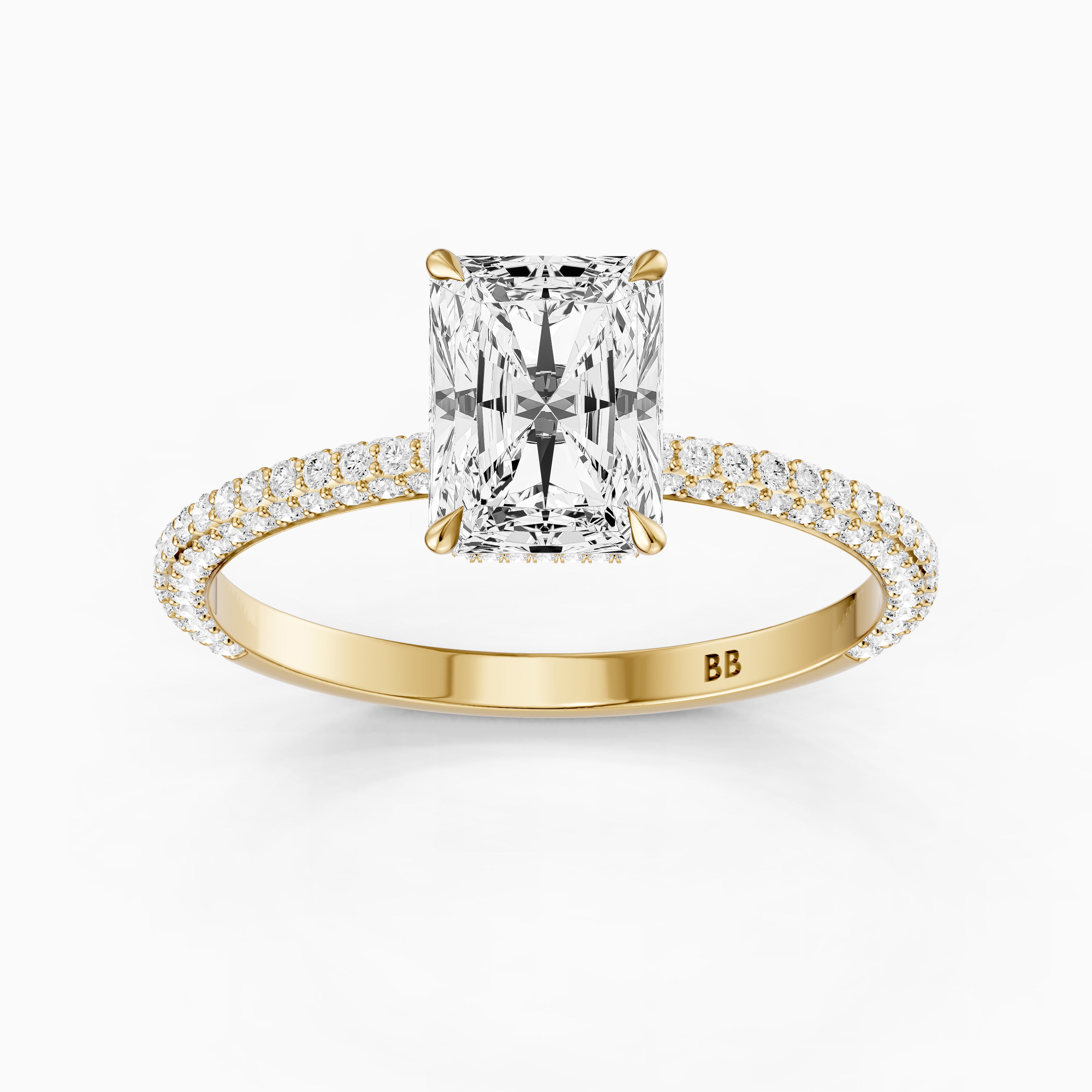 Selah Radiant Cut Hidden Halo Moissanite Diamond Ring with Pave Band