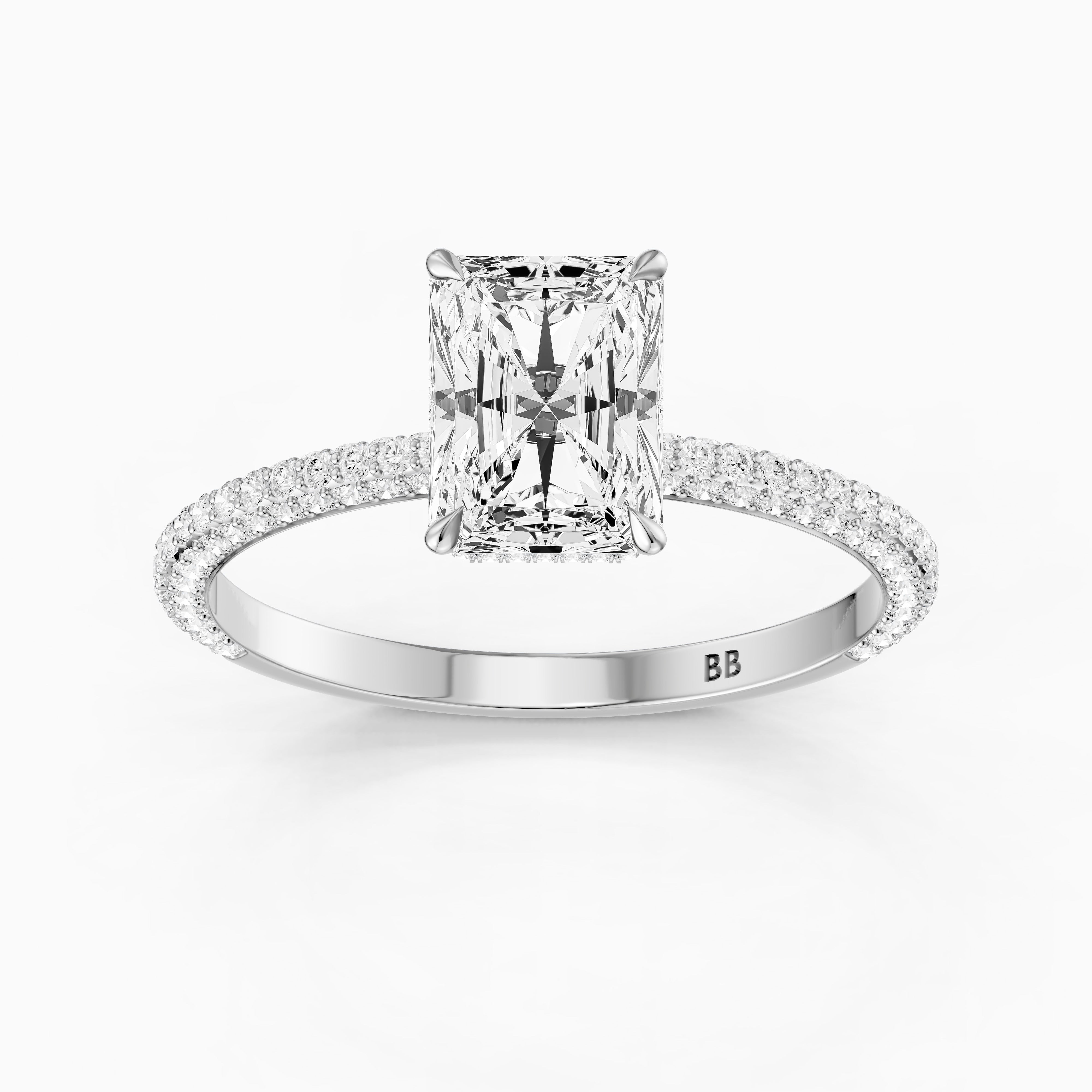 Selah Radiant Cut Hidden Halo Moissanite Diamond Ring with Pave Band