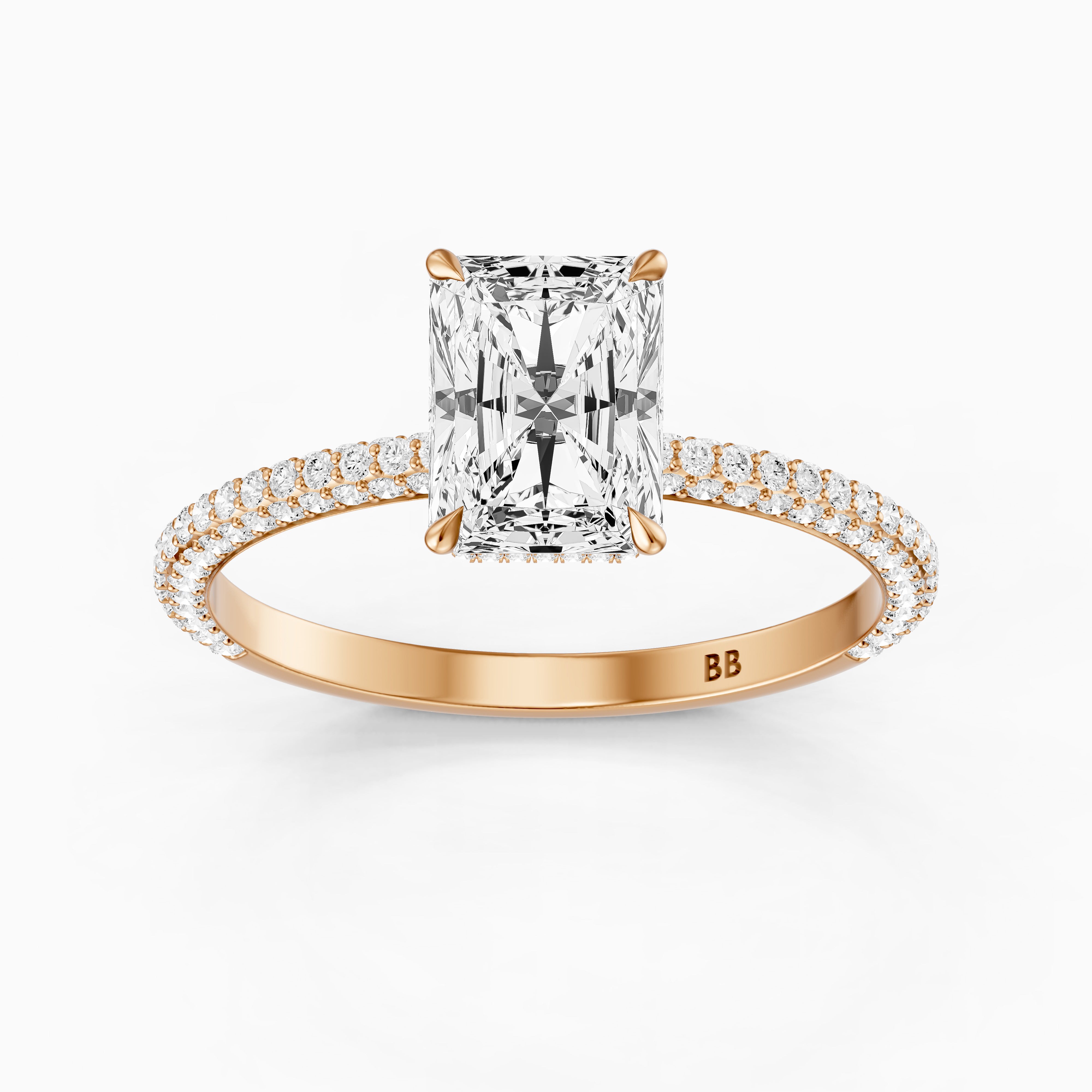 Selah Radiant Cut Hidden Halo Moissanite Diamond Ring with Pave Band