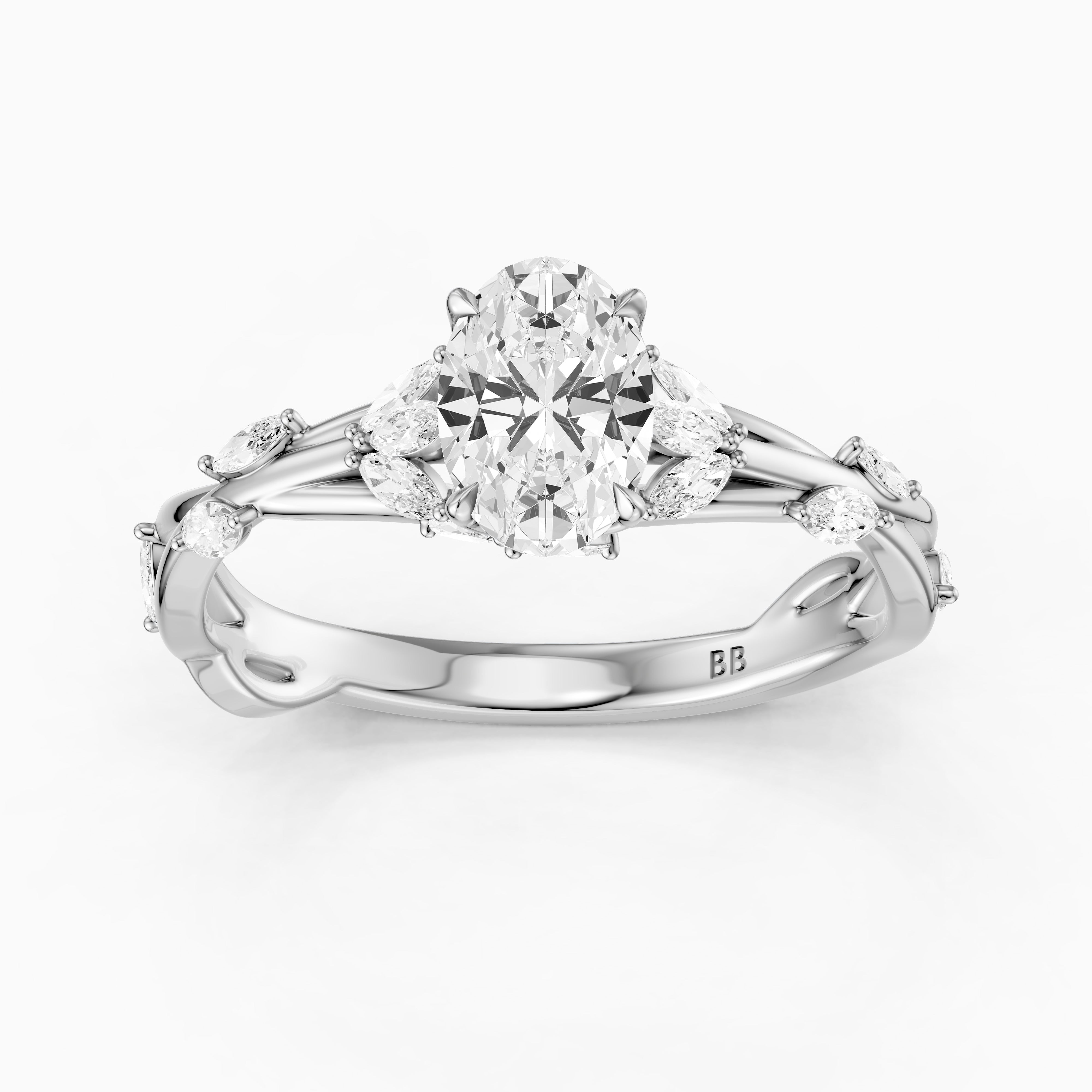 Alessia Oval Cut Secret Garden Moissanite Diamond Ring with Side Stones