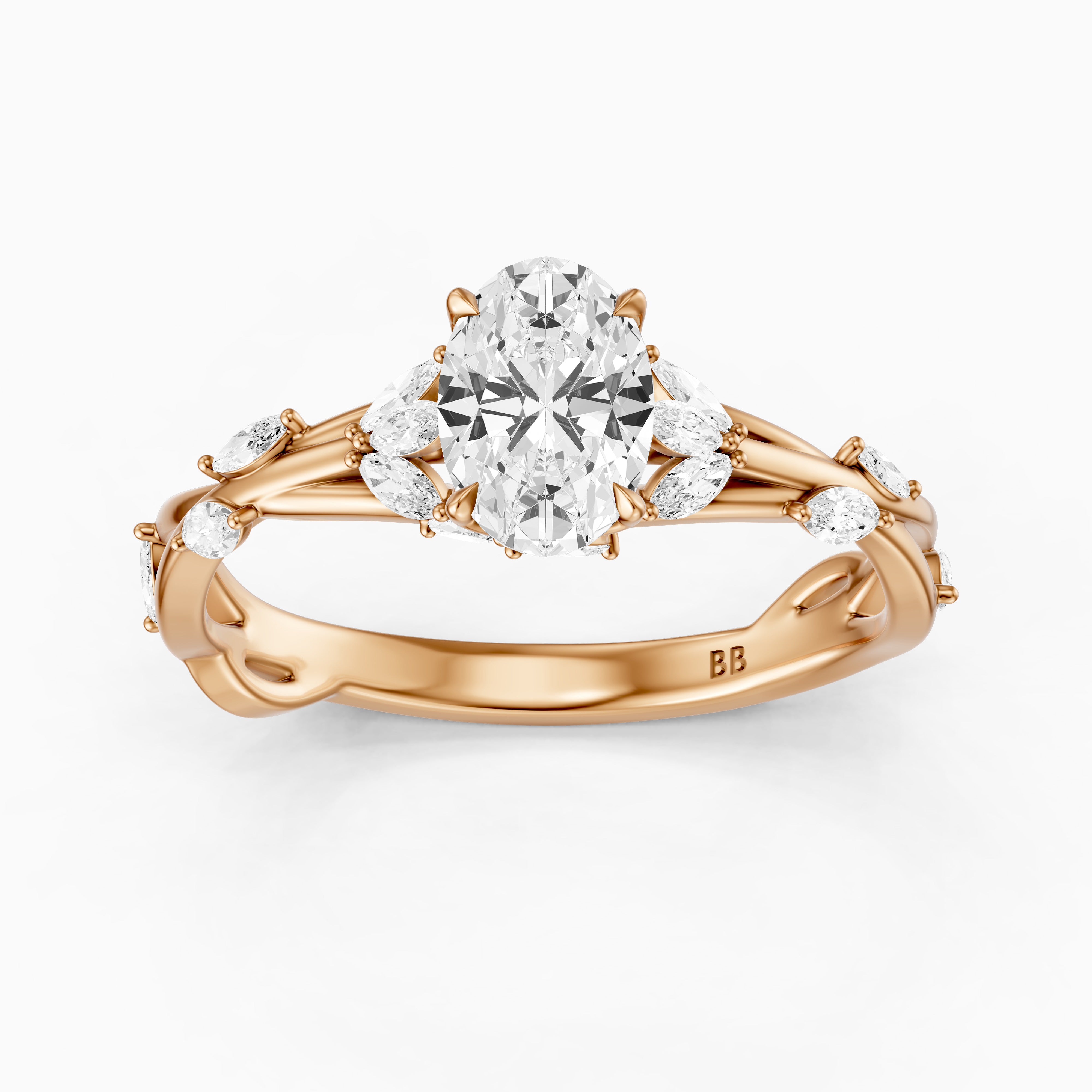 Alessia Oval Cut Secret Garden Moissanite Diamond Ring with Side Stones