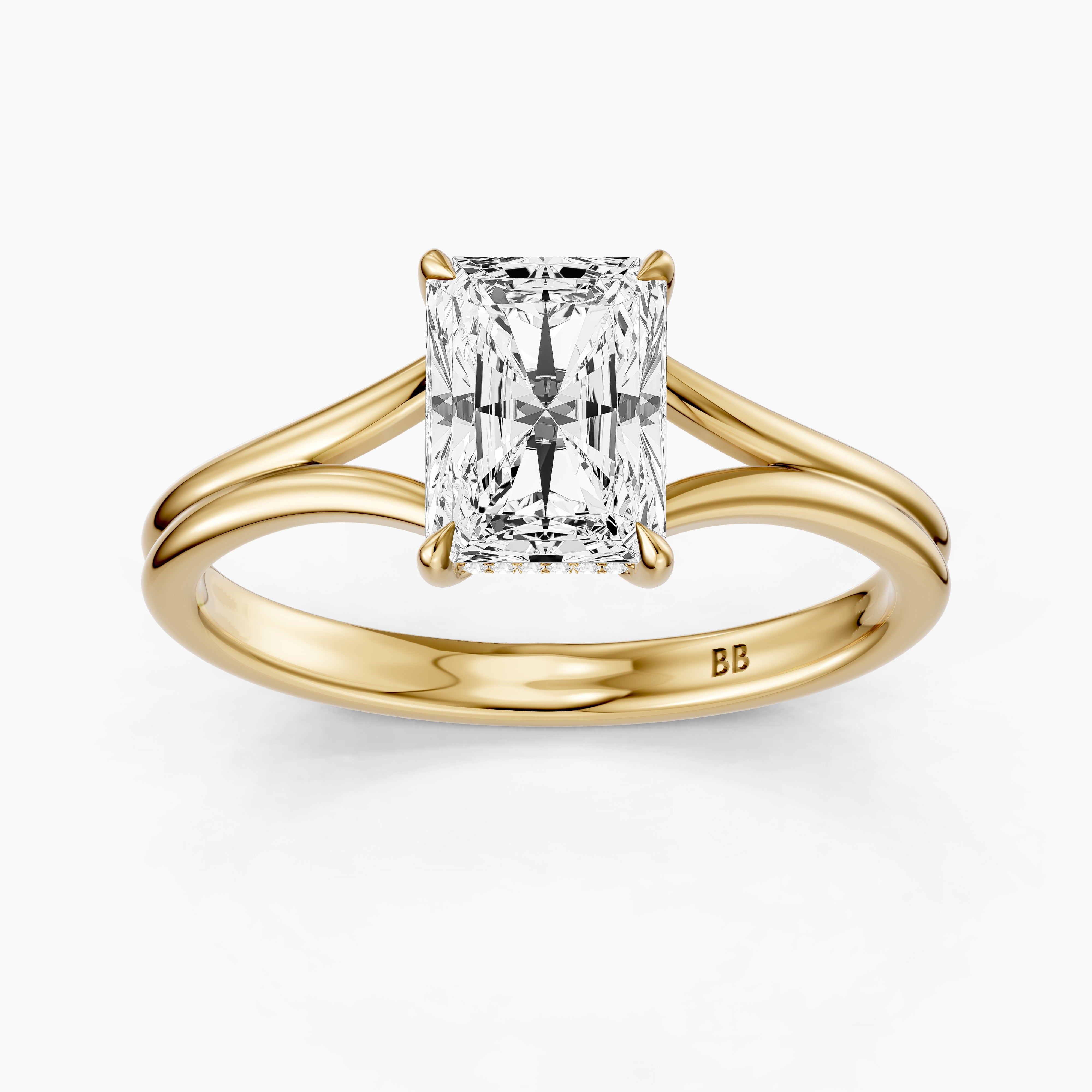 Angela Radiant Moissanite Diamond Split Shank Ring with Hidden Halo
