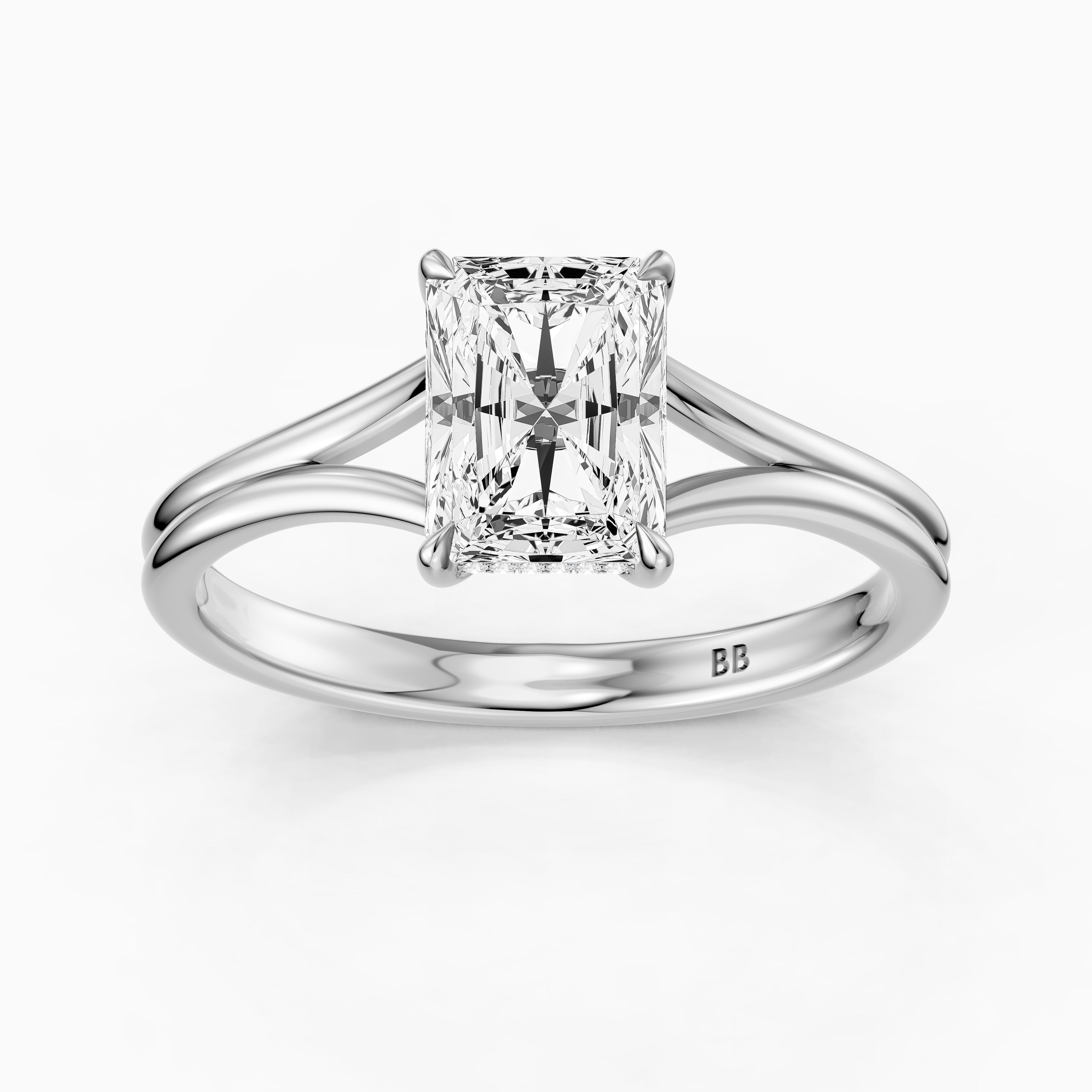 Angela Radiant Moissanite Diamond Split Shank Ring with Hidden Halo