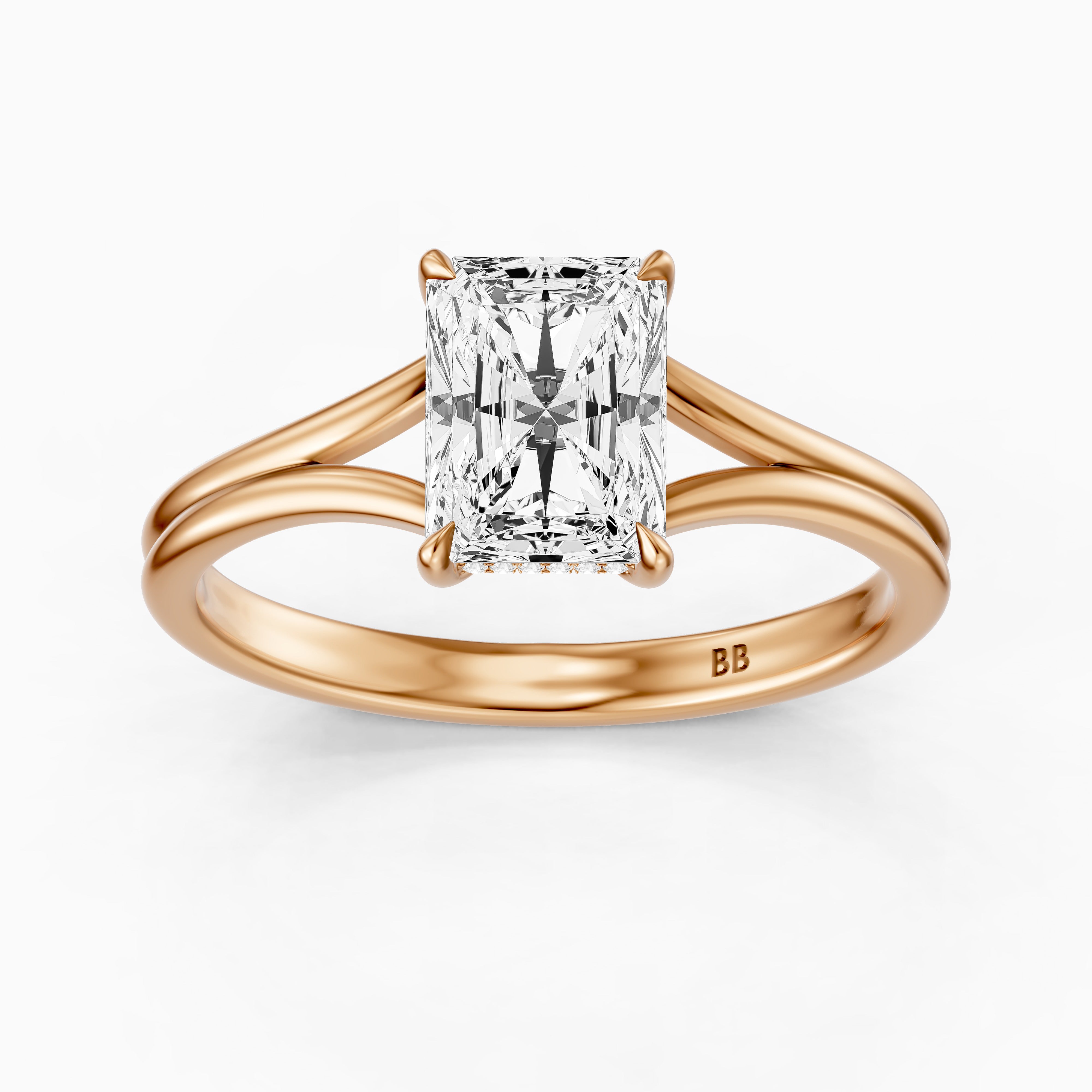 Angela Radiant Moissanite Diamond Split Shank Ring with Hidden Halo