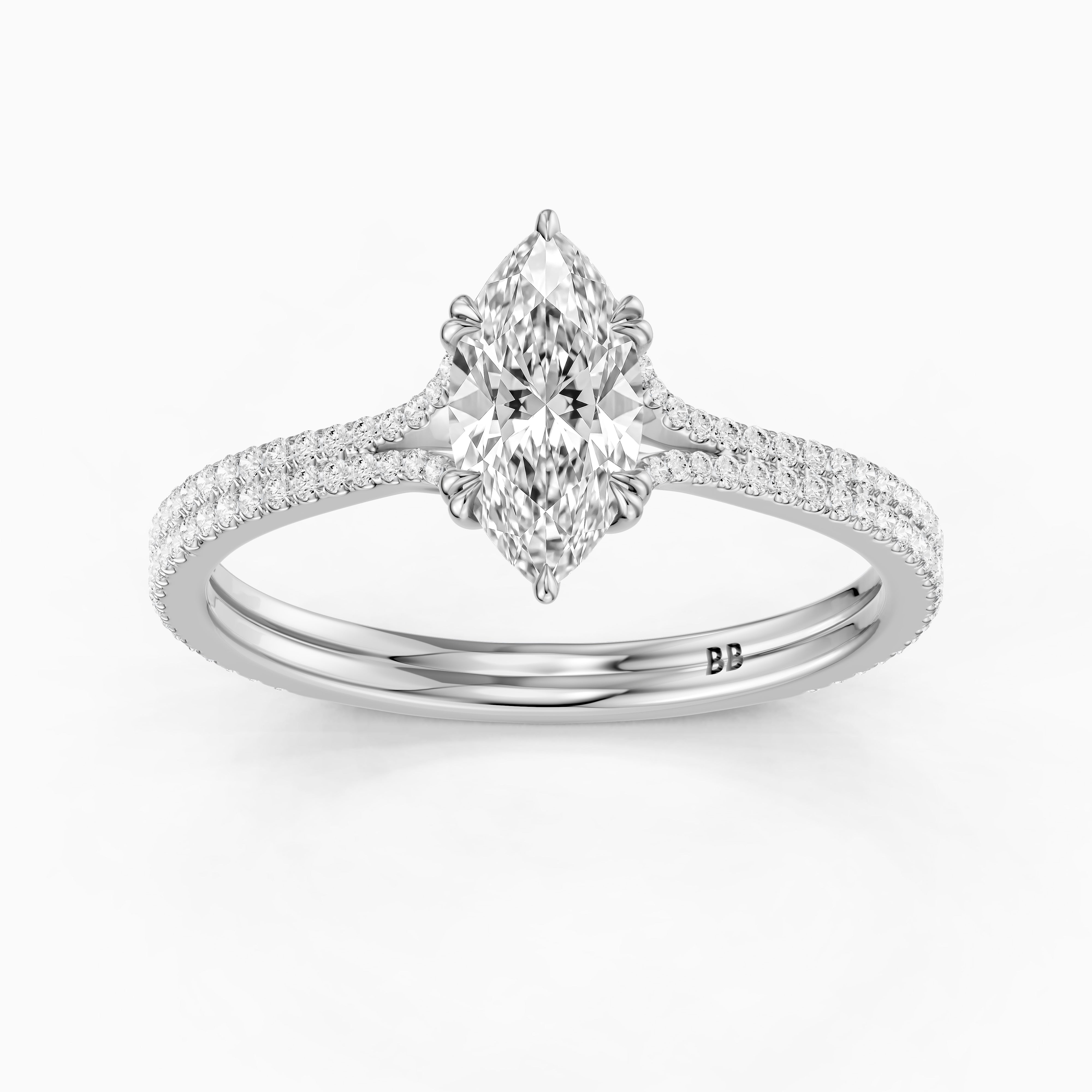 Evie Marquise Lab Grown Diamond Ring with Double Claw Prong and Pave Band